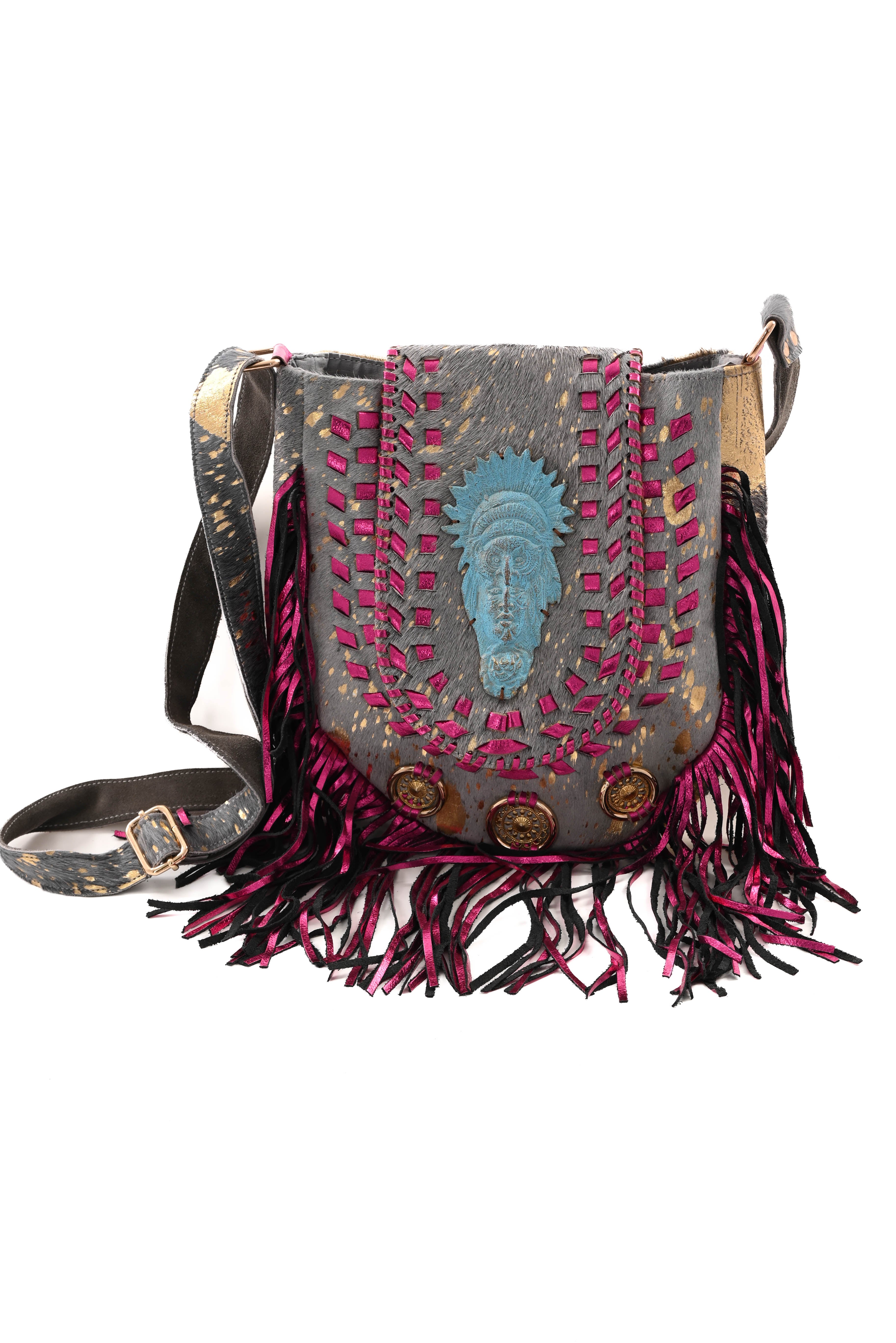 Ibiza stijl tas met franjes fuchsia/zwart