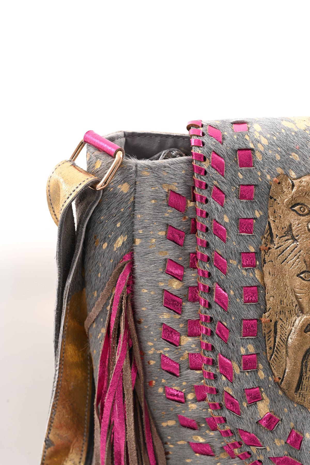 Ibiza stijl tas met franjes grijs/fuchsia