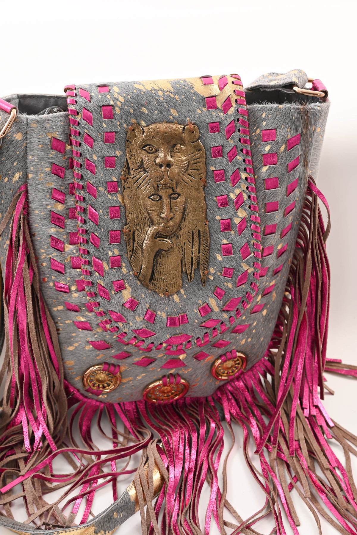 Ibiza stijl tas met franjes grijs/fuchsia