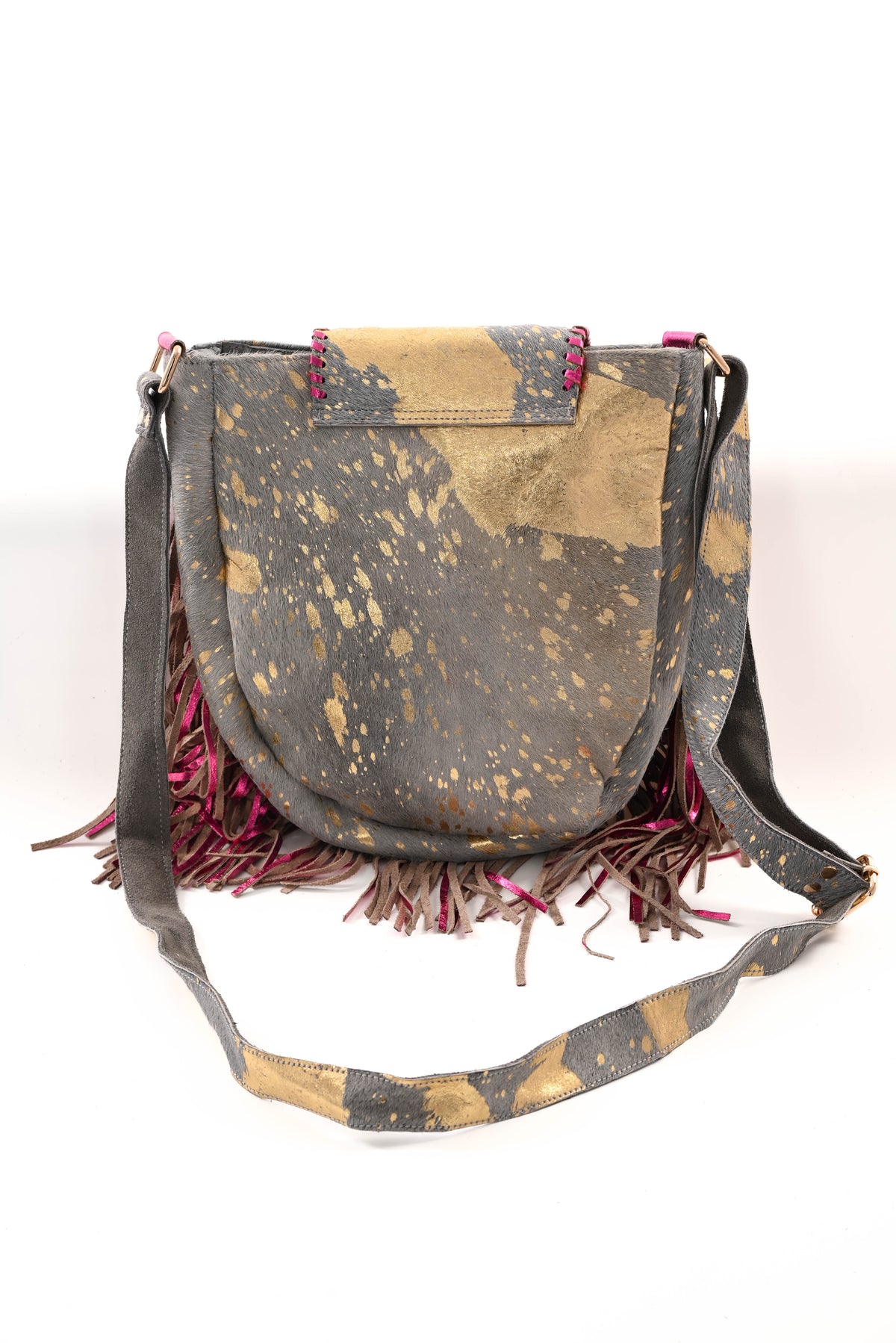 Ibiza stijl tas met franjes grijs/fuchsia
