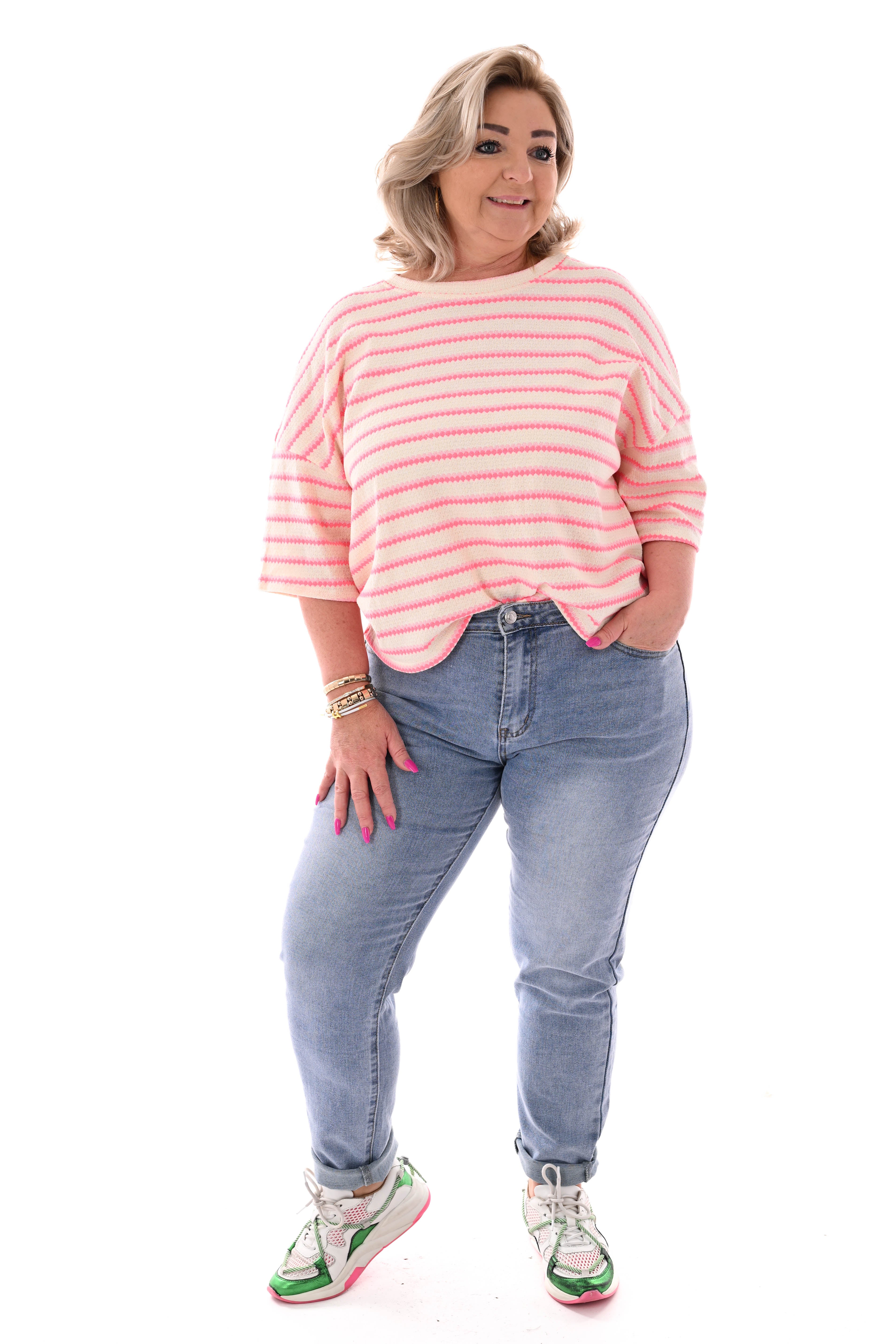 Shirt twee kleurige strepen lichtroze/felroze