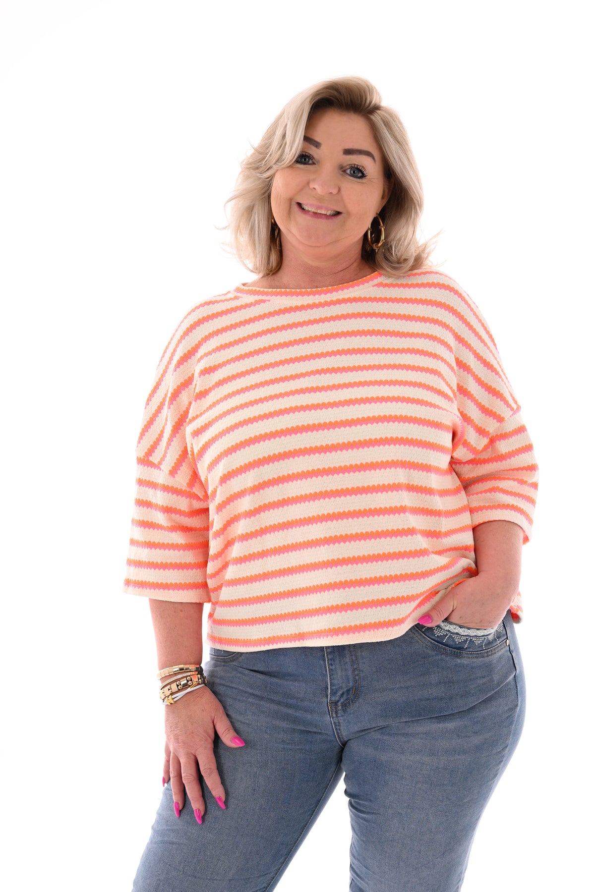 Shirt twee kleurige strepen feloranje/roze