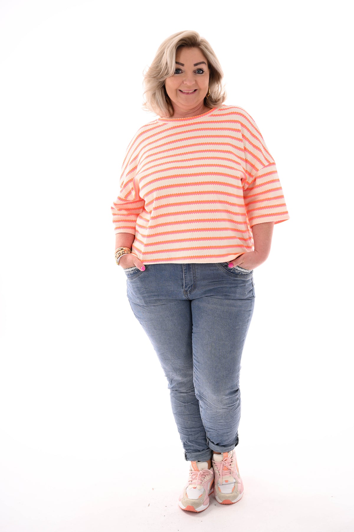 Shirt twee kleurige strepen feloranje/roze