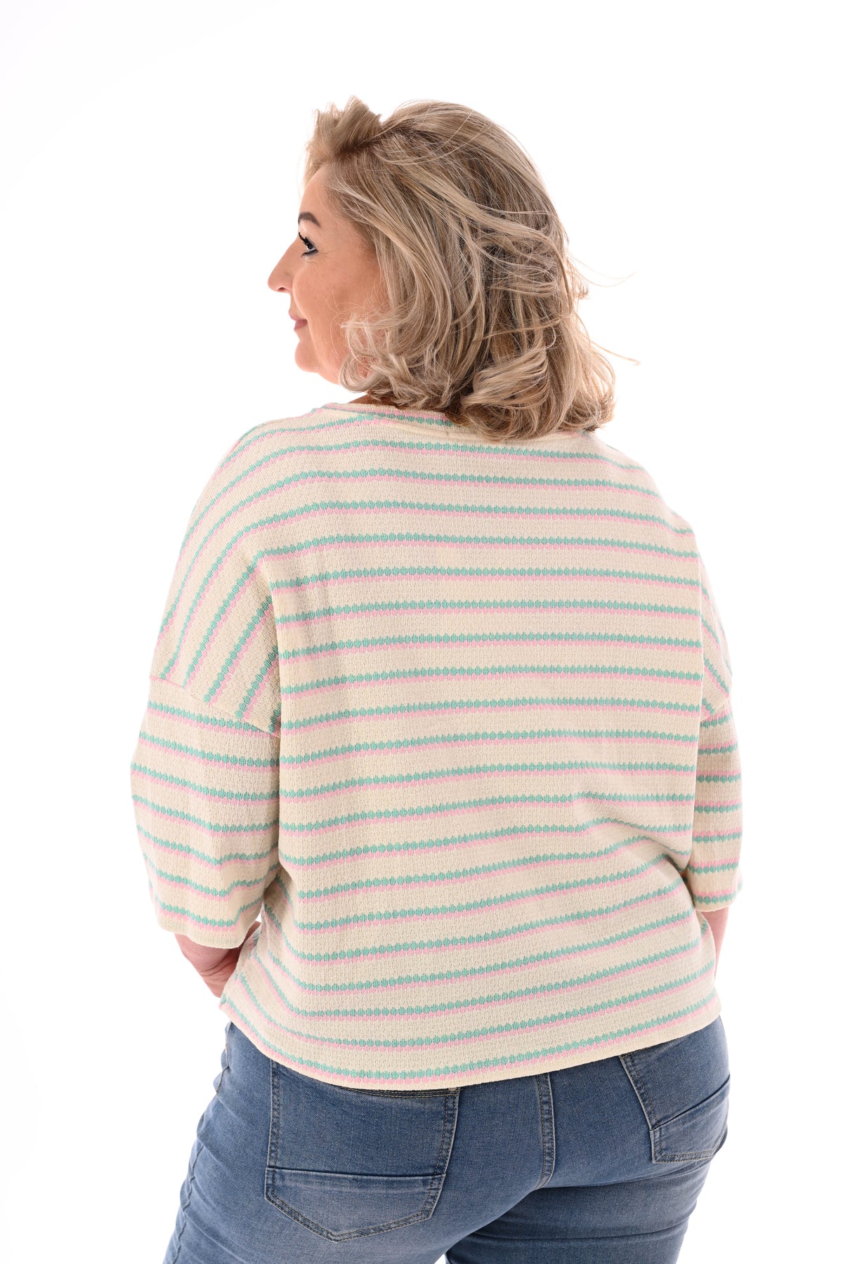 Shirt twee kleurige strepen turquoise/lichtroze
