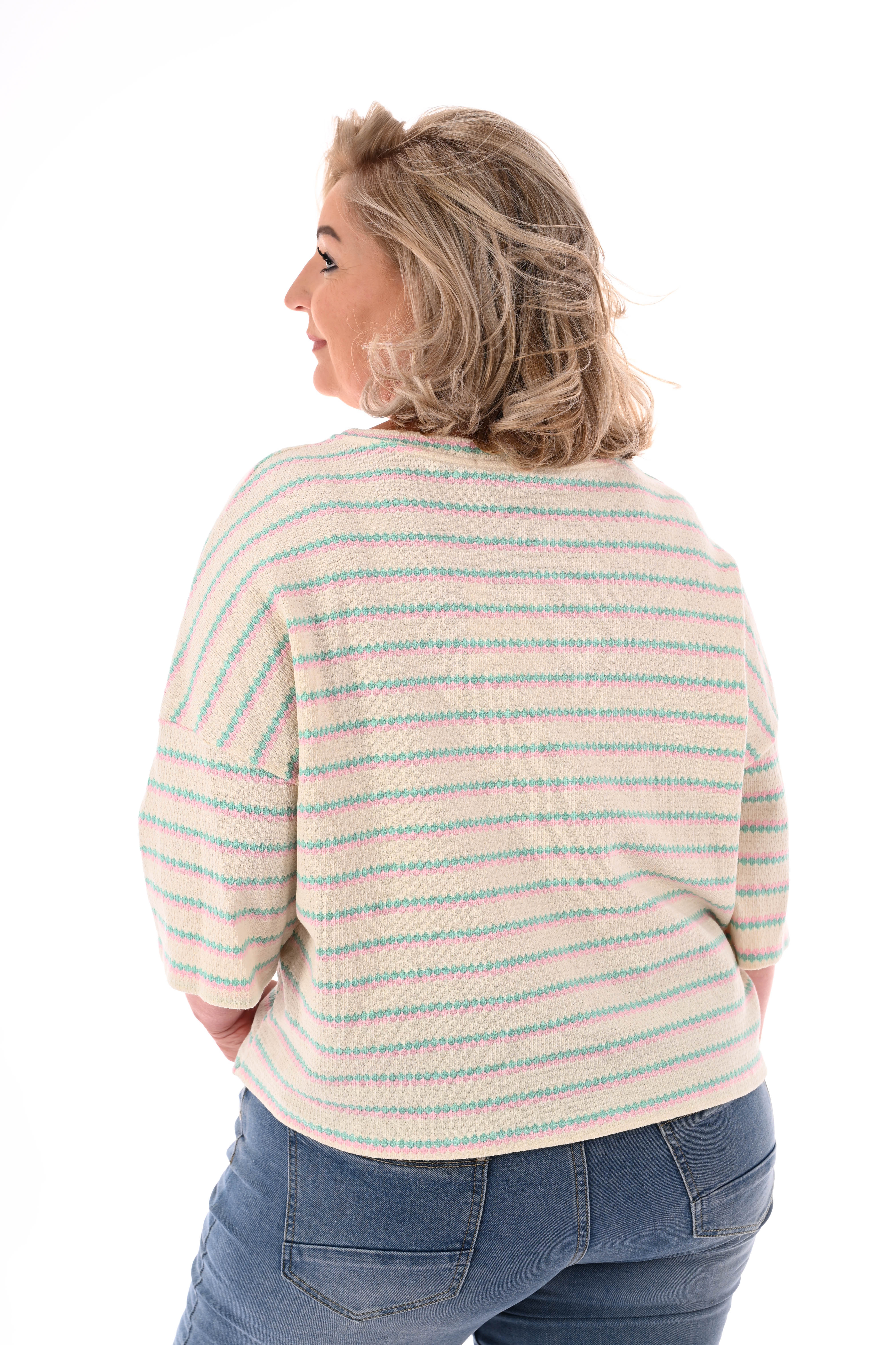 Shirt twee kleurige strepen turquoise/lichtroze