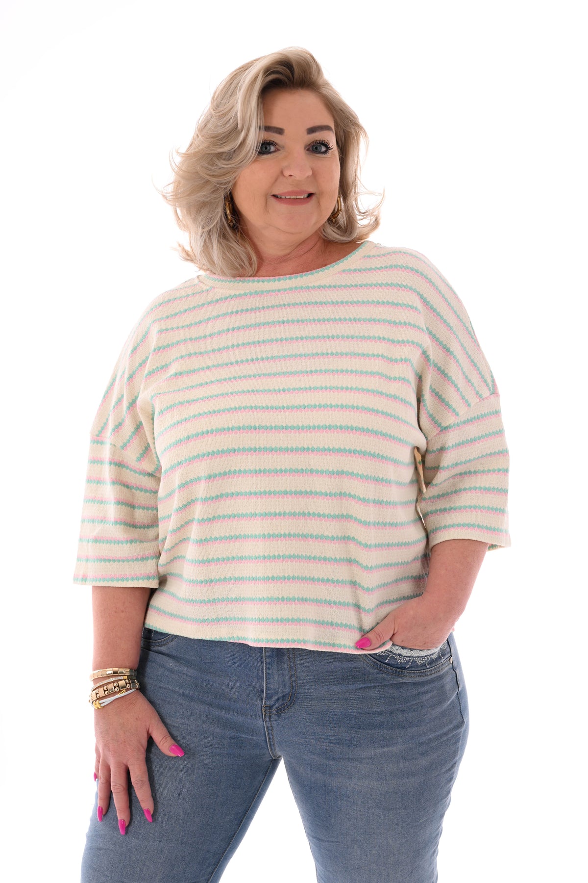 Shirt twee kleurige strepen turquoise/lichtroze