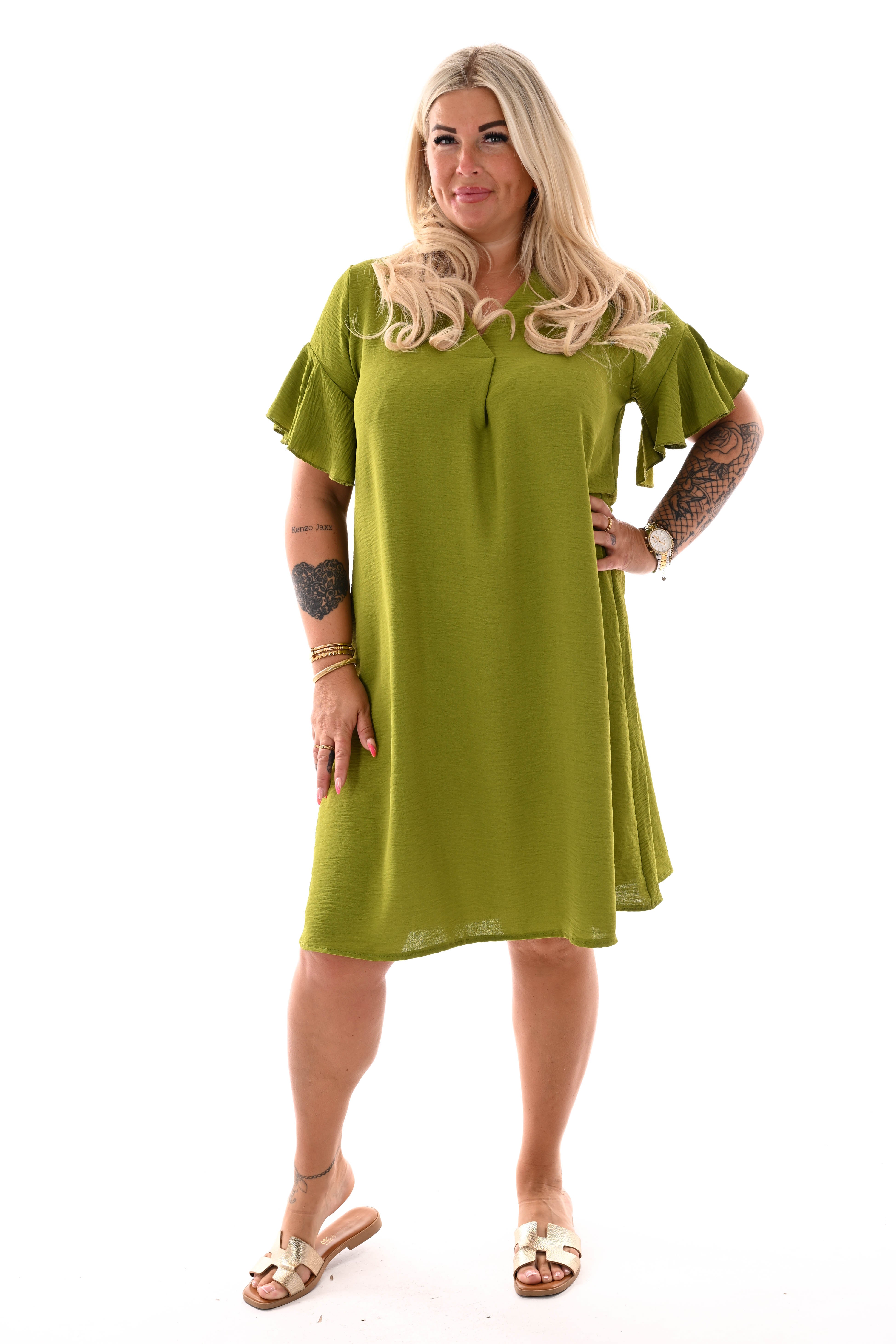 Jurk v-hals korte roezelmouwen uni lime