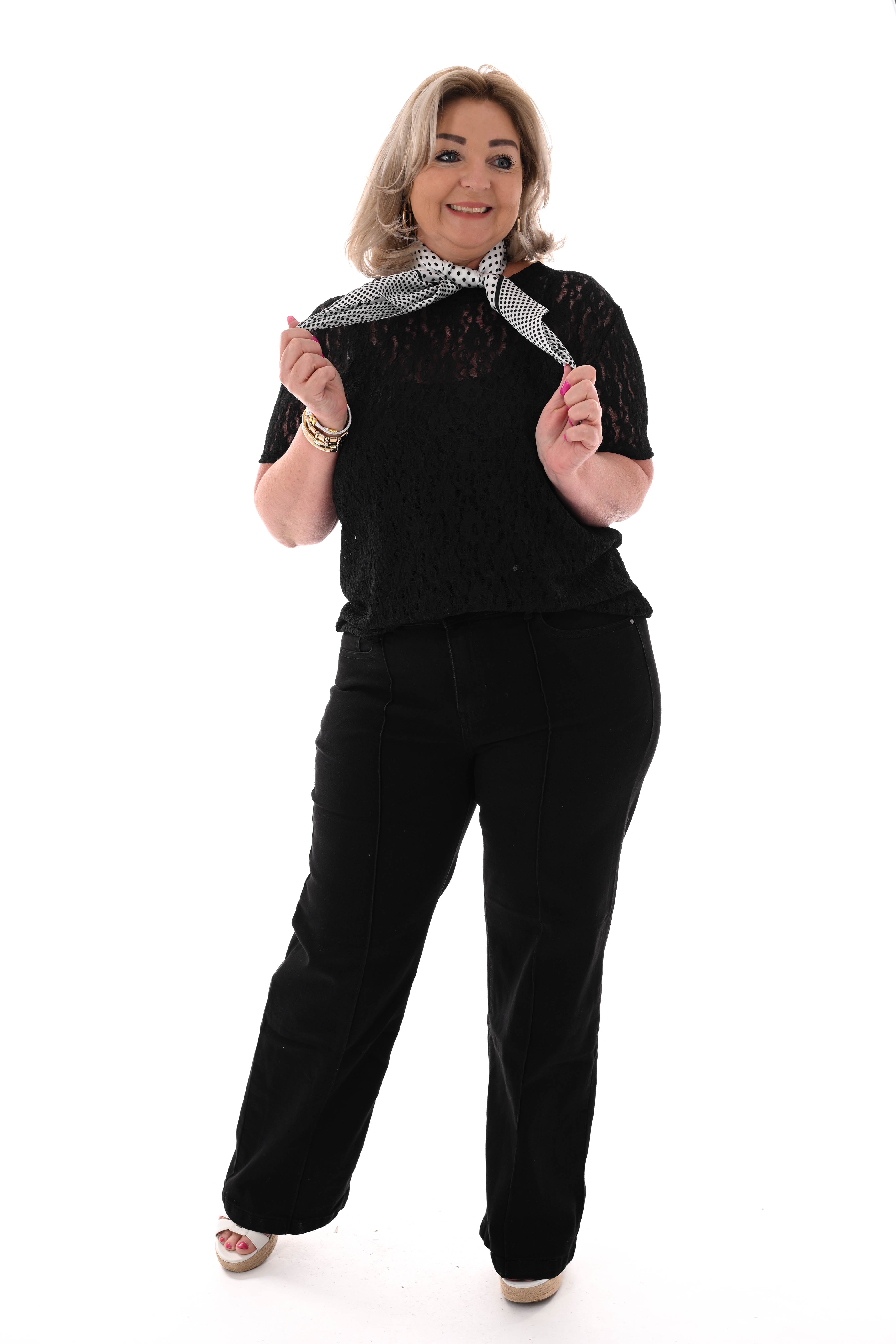 Shirt met kant ronde hals zwart
