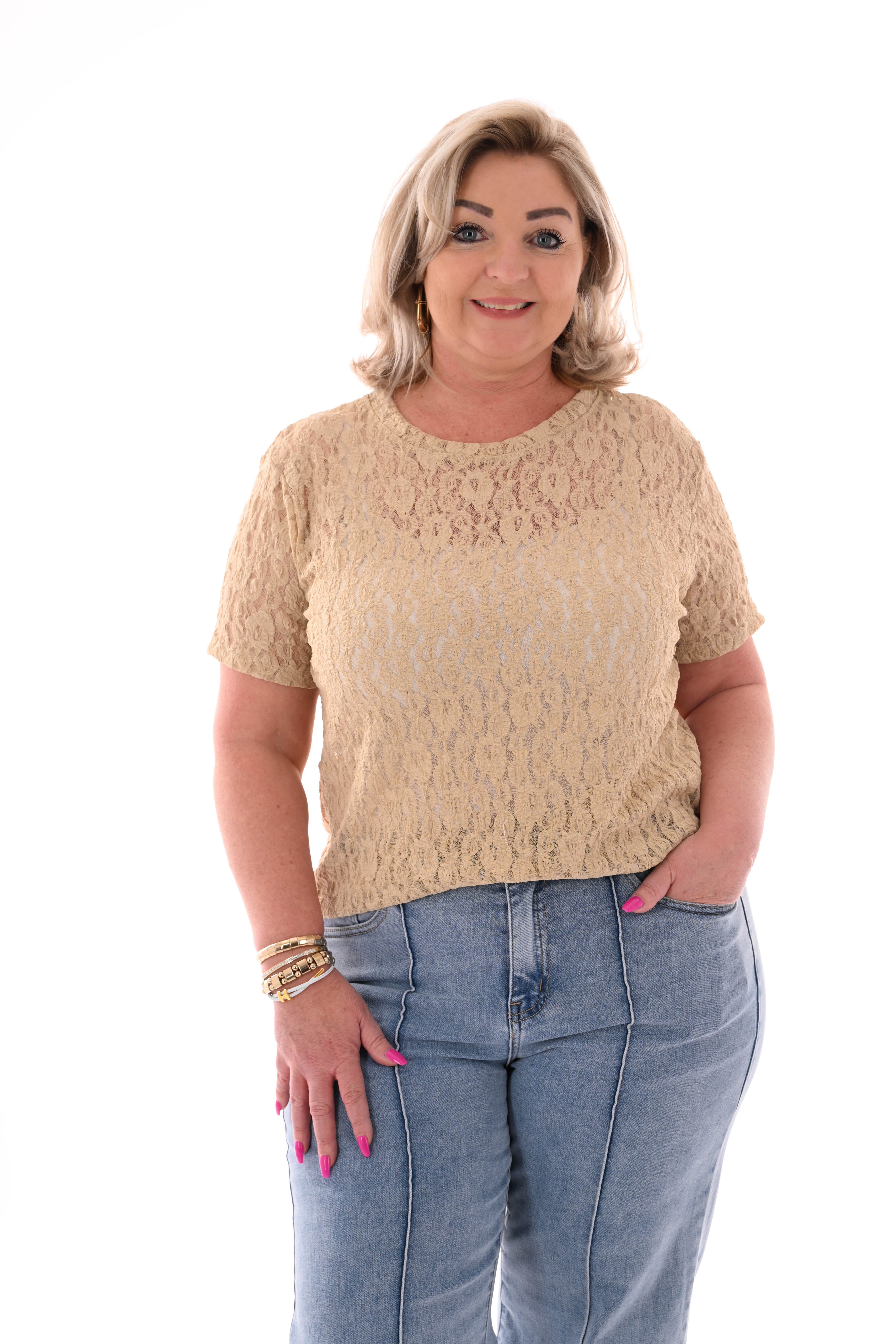Shirt met kant ronde hals beige