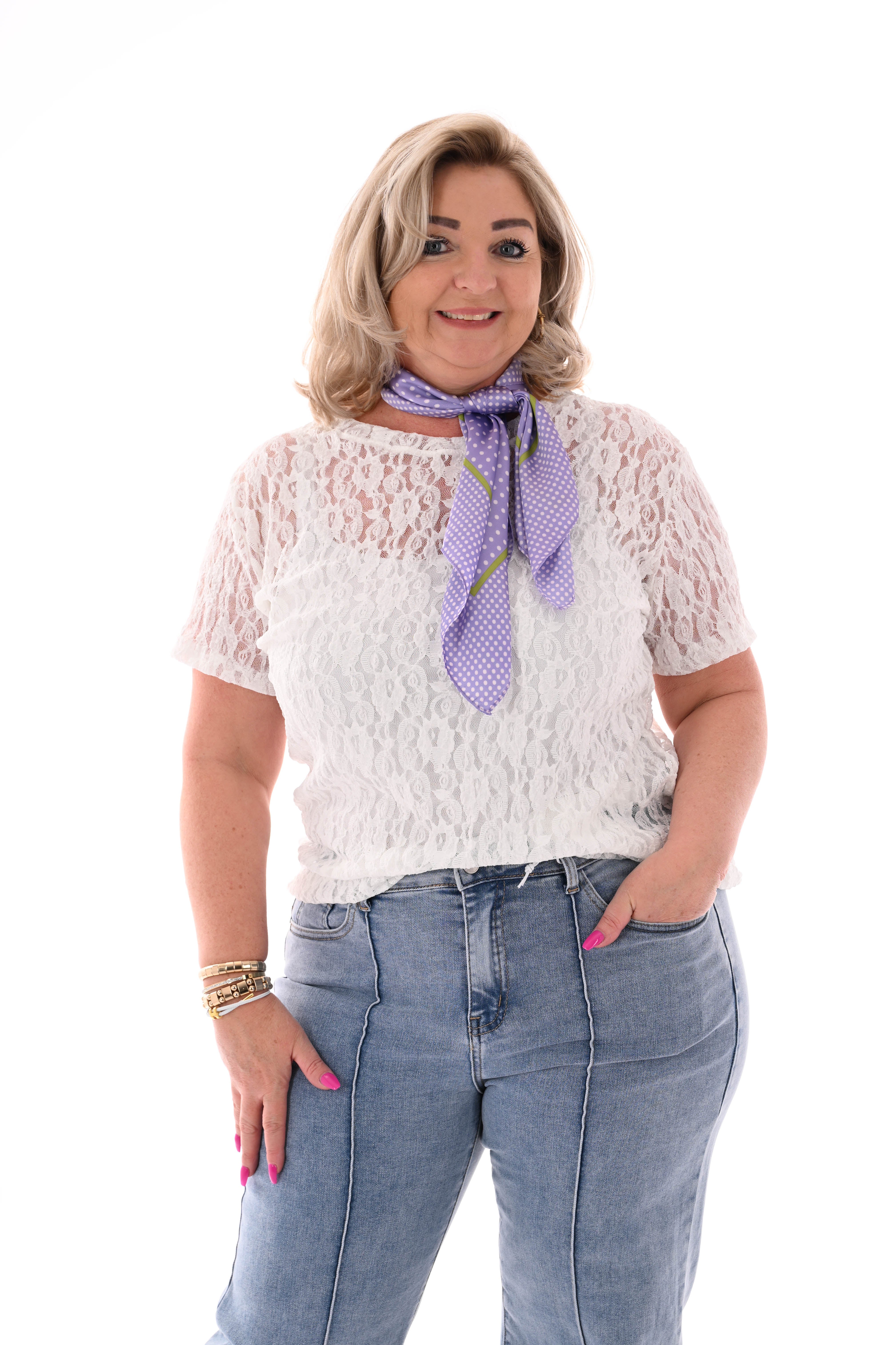 Shirt met kant ronde hals roomwit