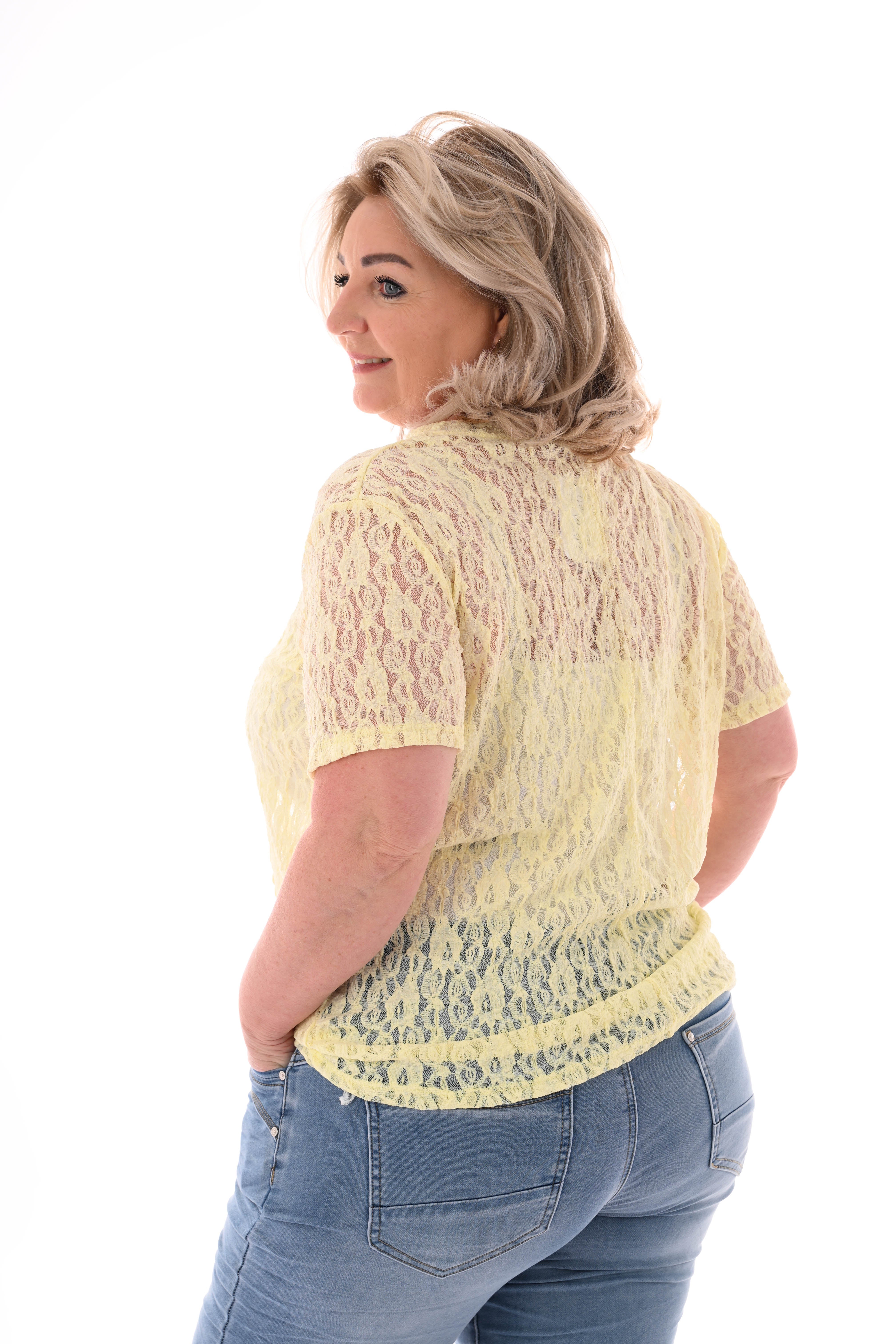 Shirt met kant ronde hals lichtgeel