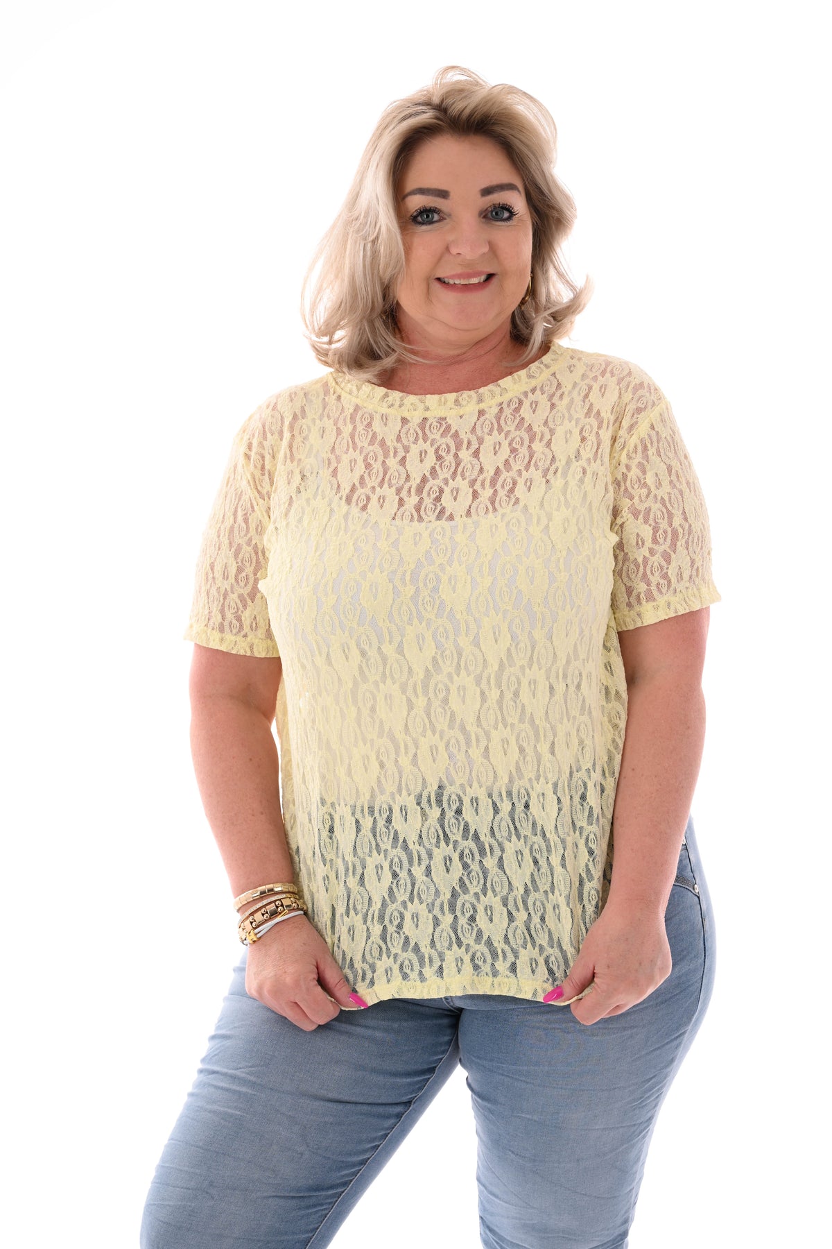 Shirt met kant ronde hals lichtgeel