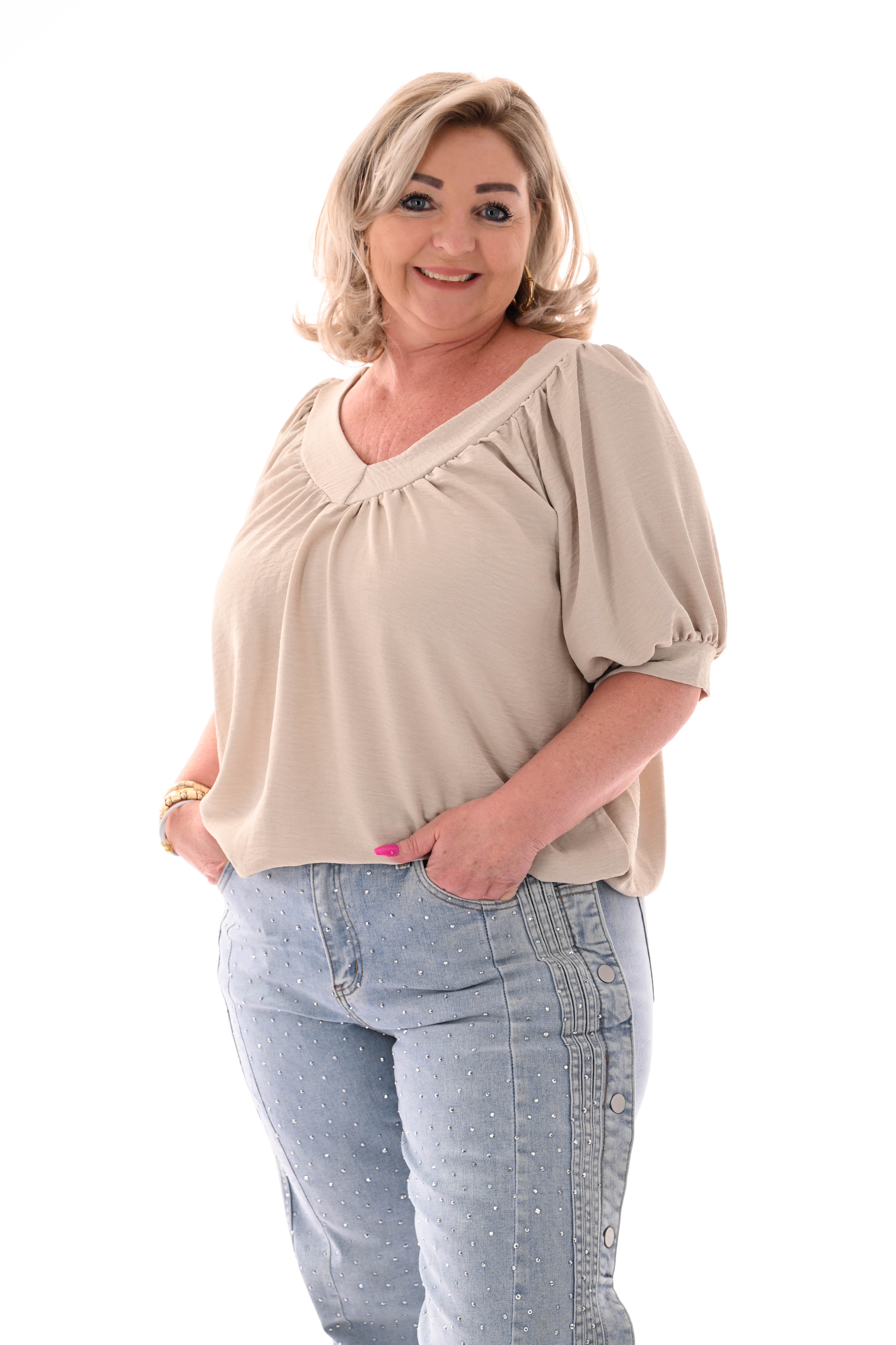 Top v-hals met pofmouwen uni beige