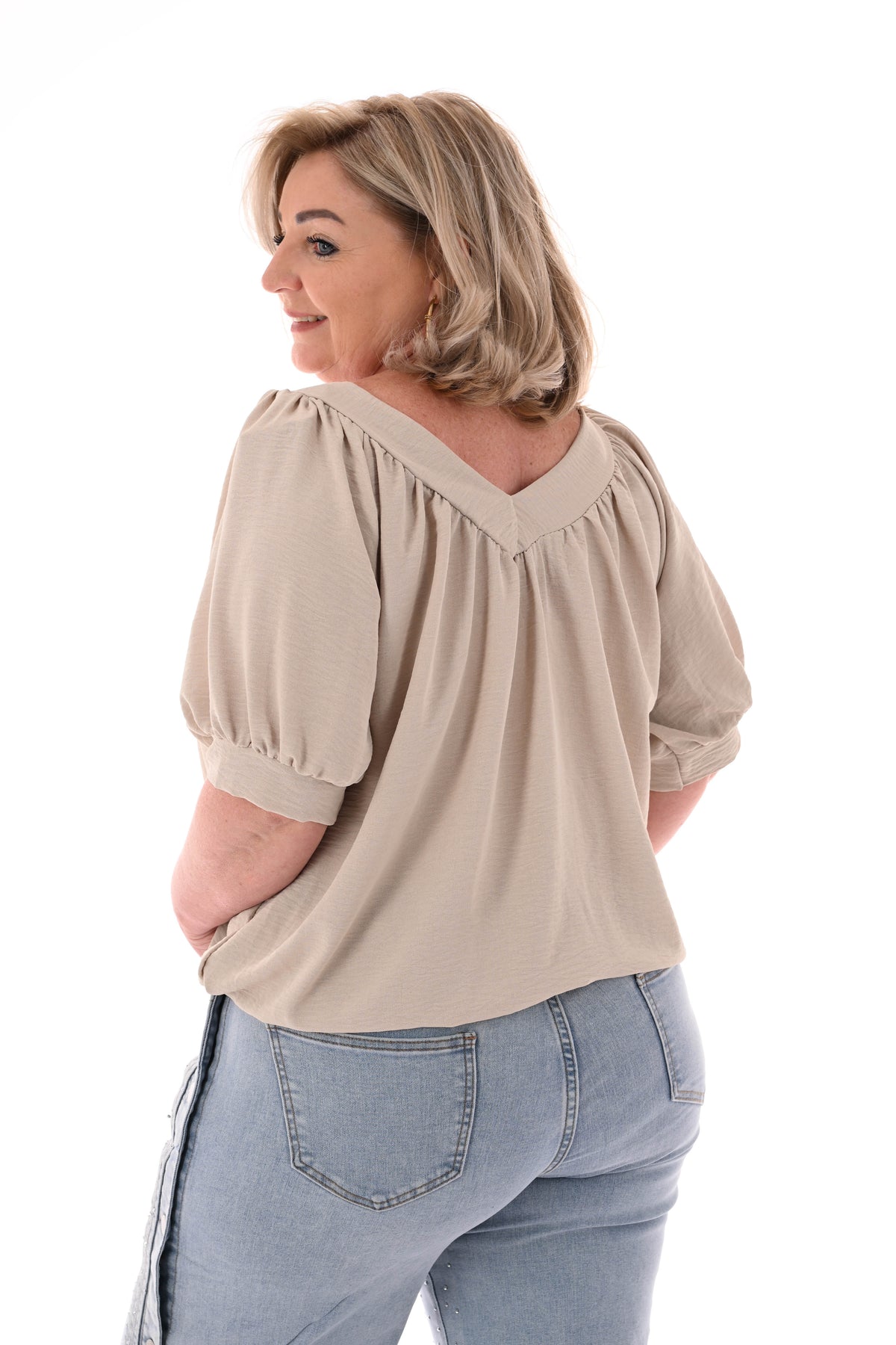 Top v-hals met pofmouwen uni beige