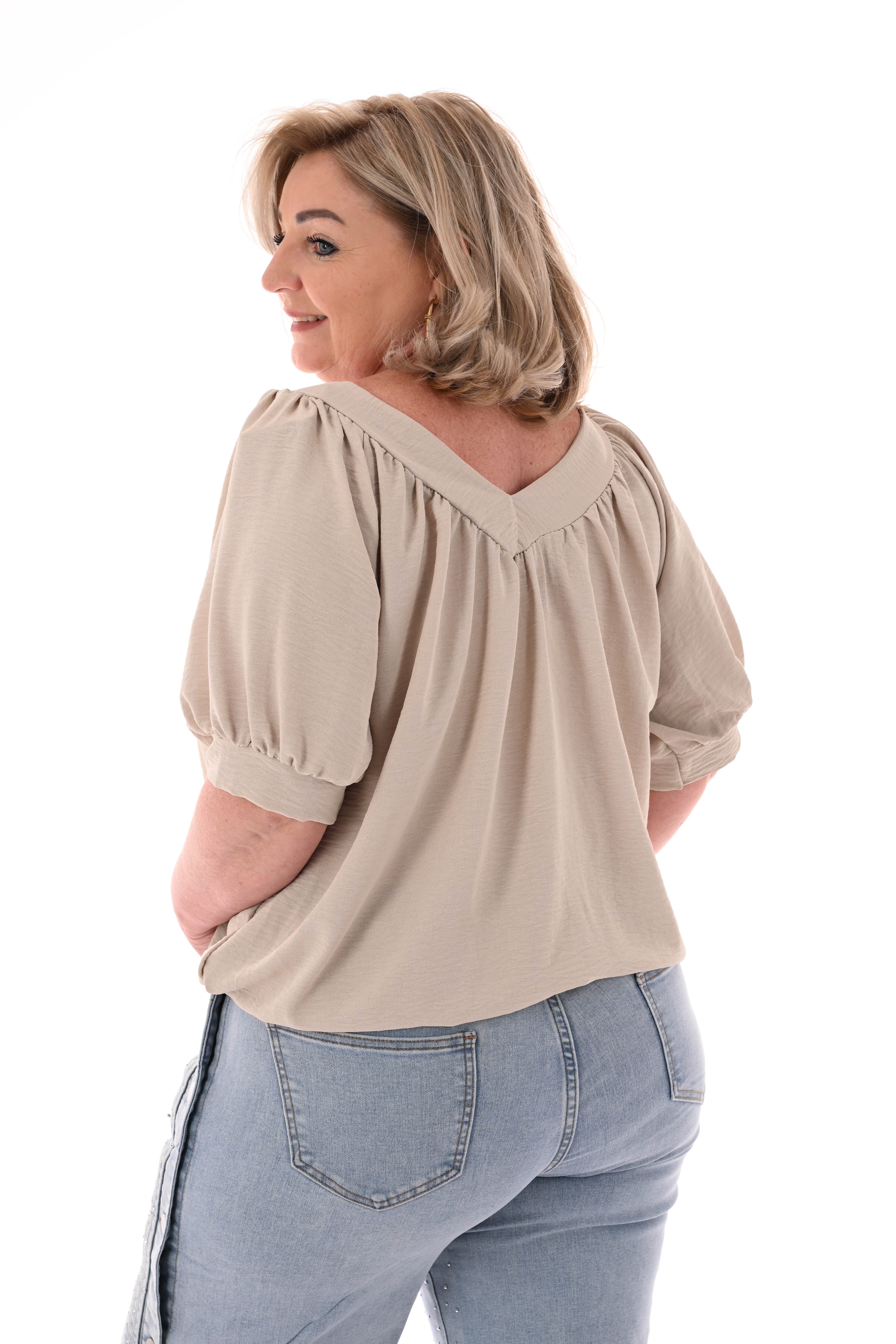 Top v-hals met pofmouwen uni beige