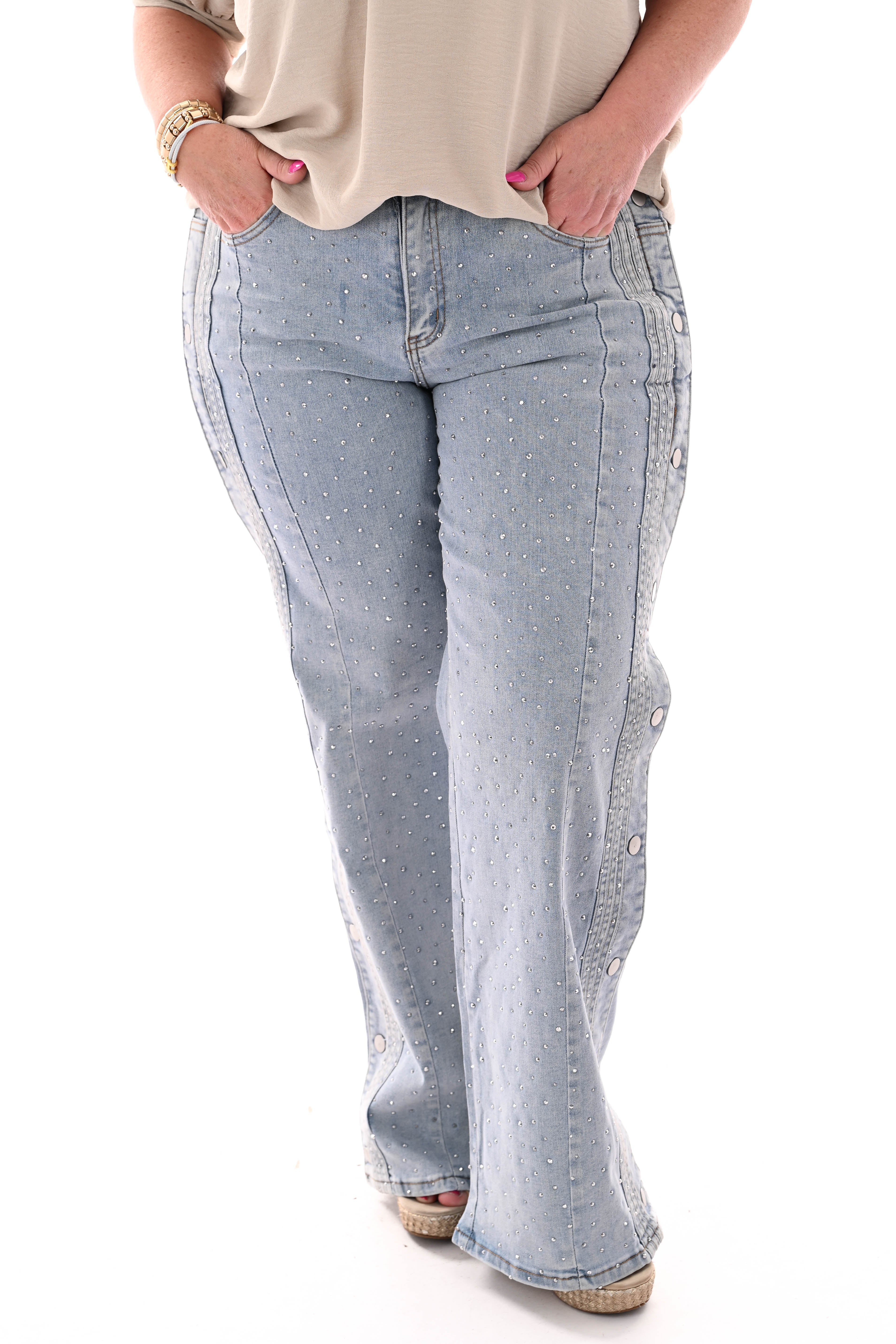 Monday wide leg strass en knopen lichtblauw