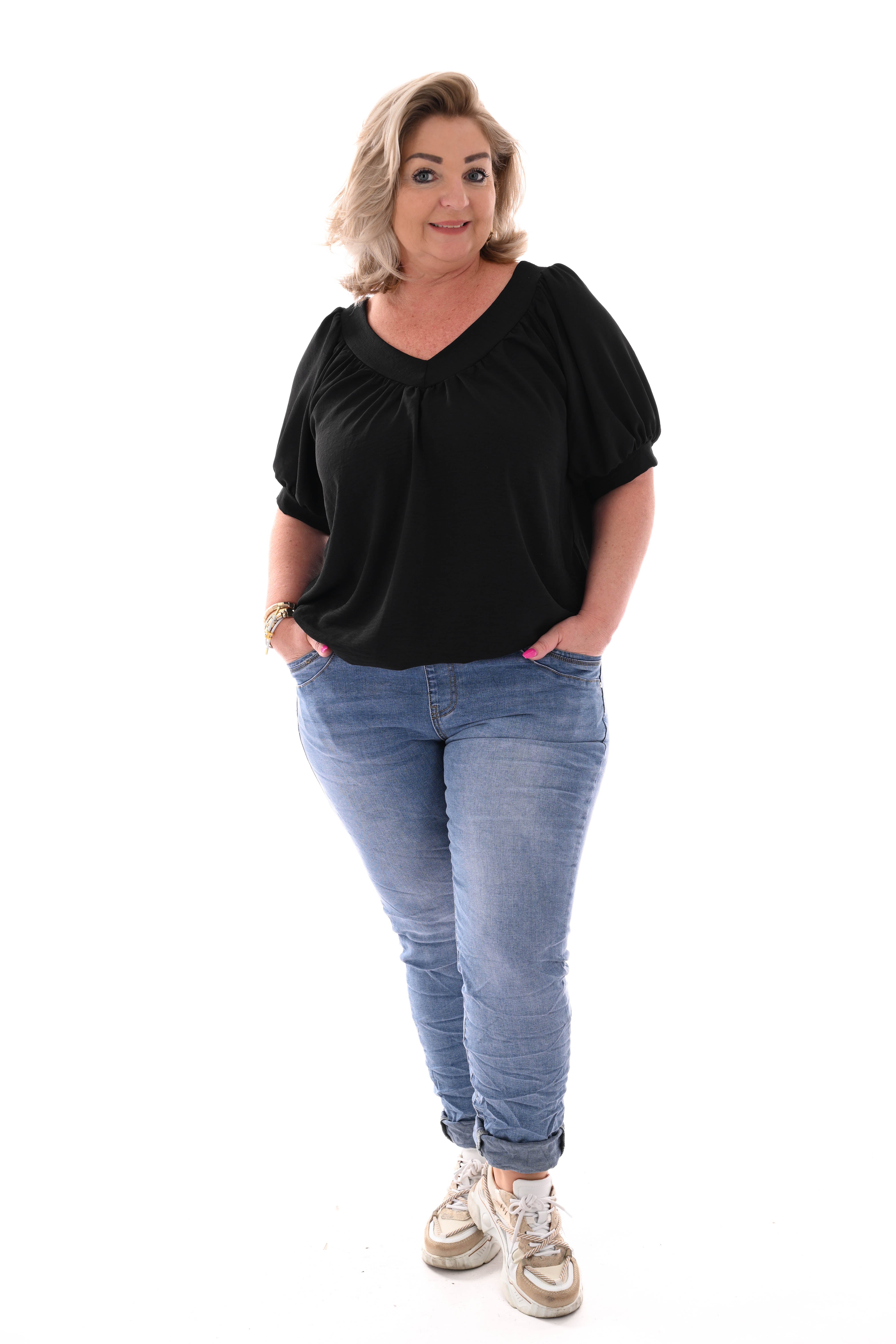 Top v-hals met pofmouwen uni zwart