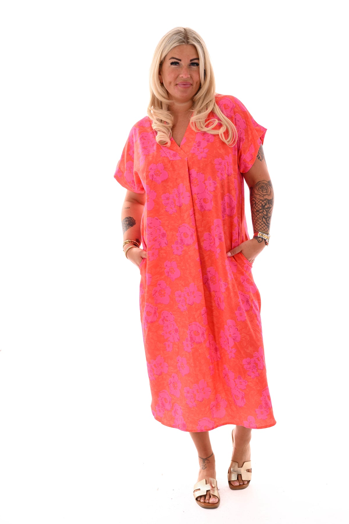 Jurk met zakken print oranje/roze