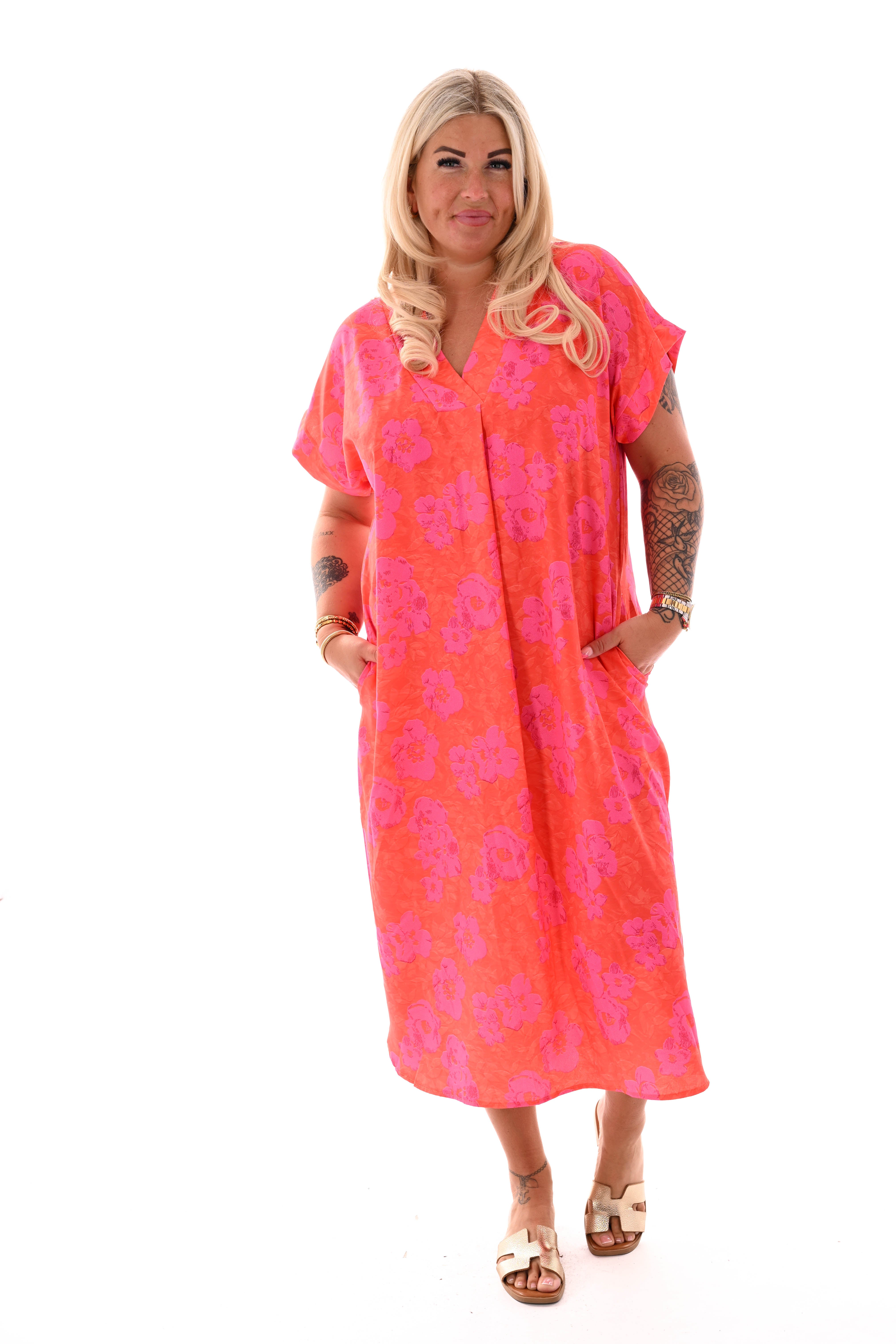 Jurk met zakken print oranje/roze