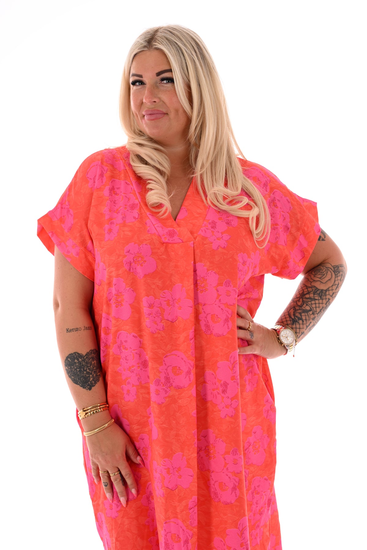 Jurk met zakken print oranje/roze