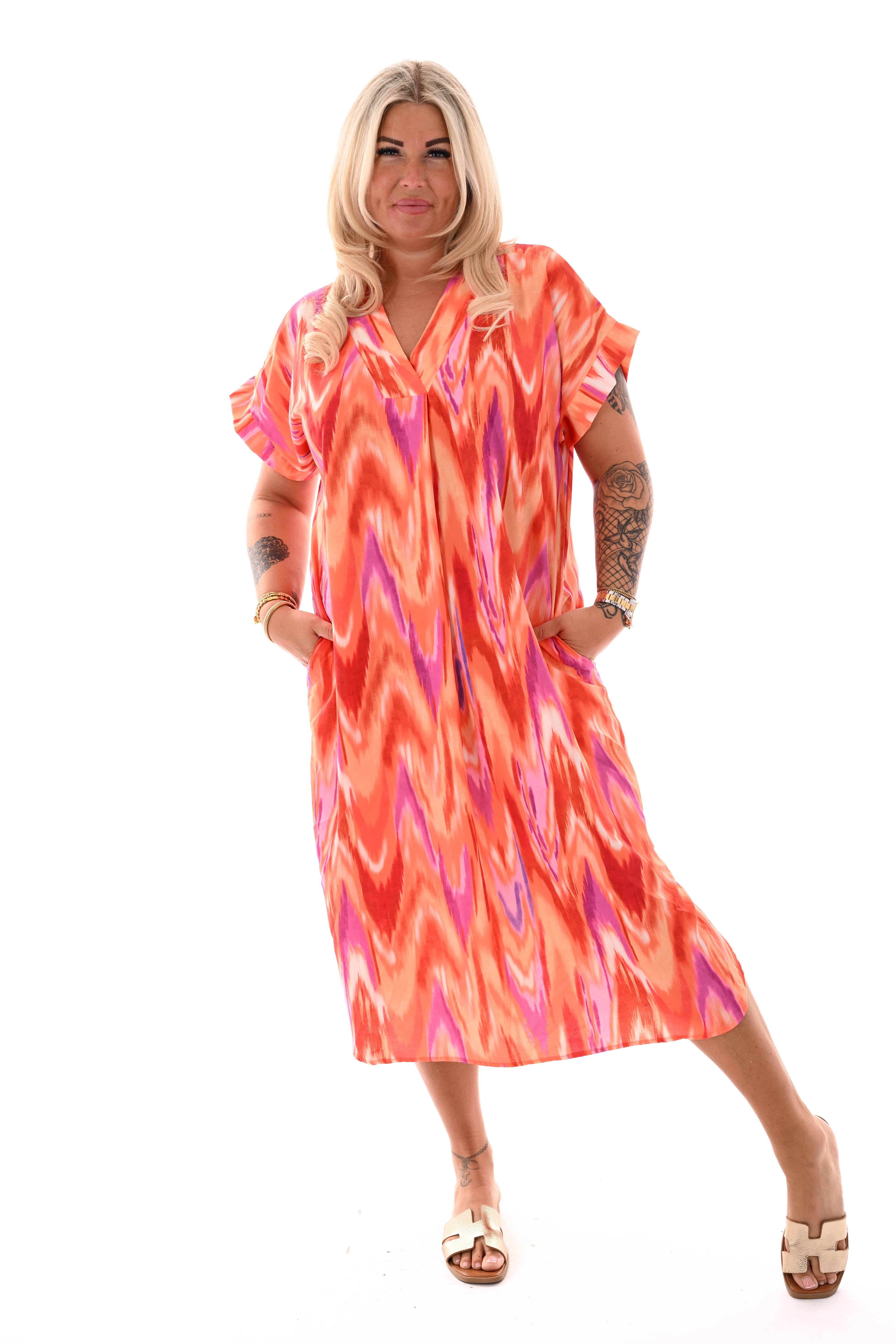 Jurk met zakken print oranje/fuchsia