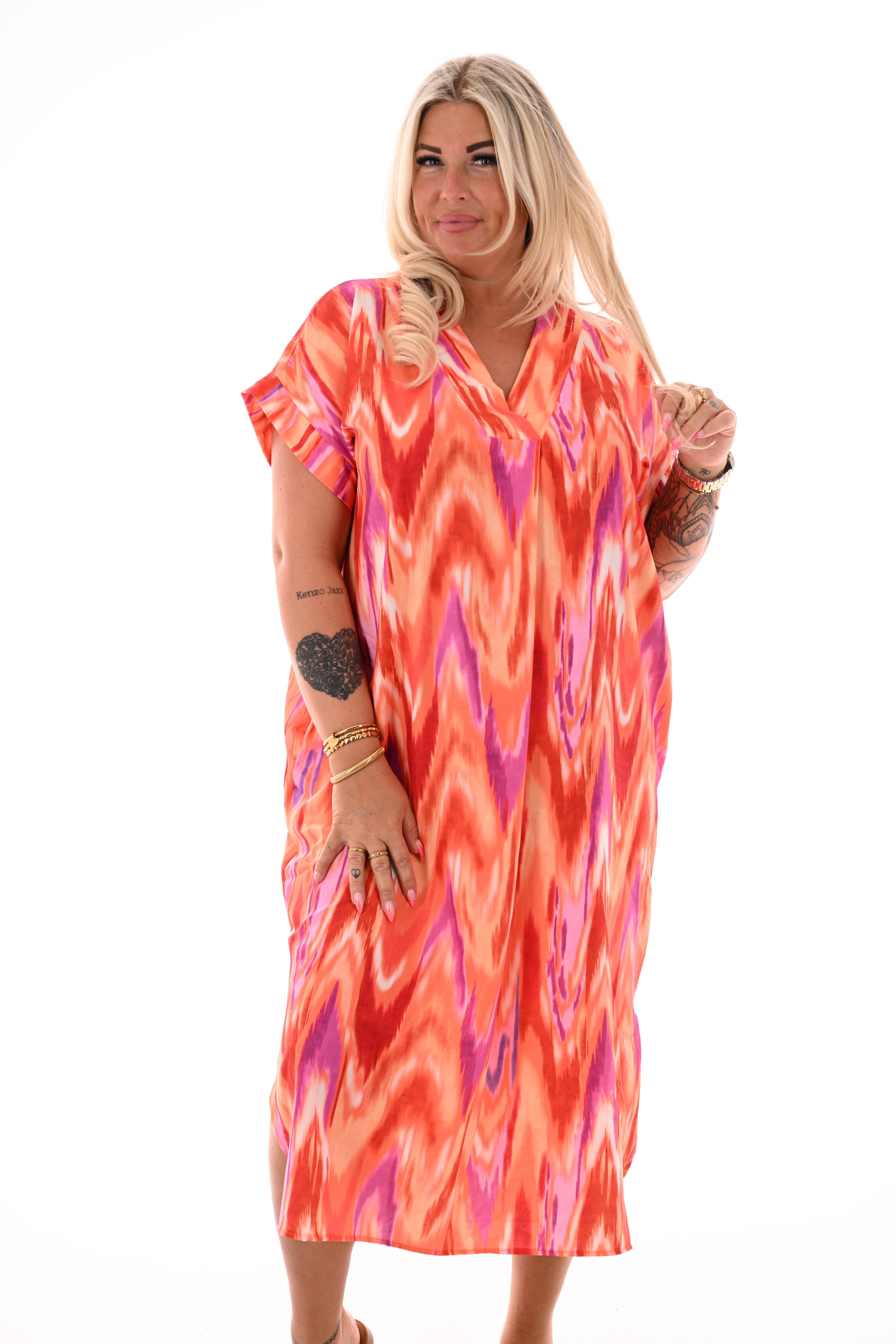 Jurk met zakken print oranje/fuchsia