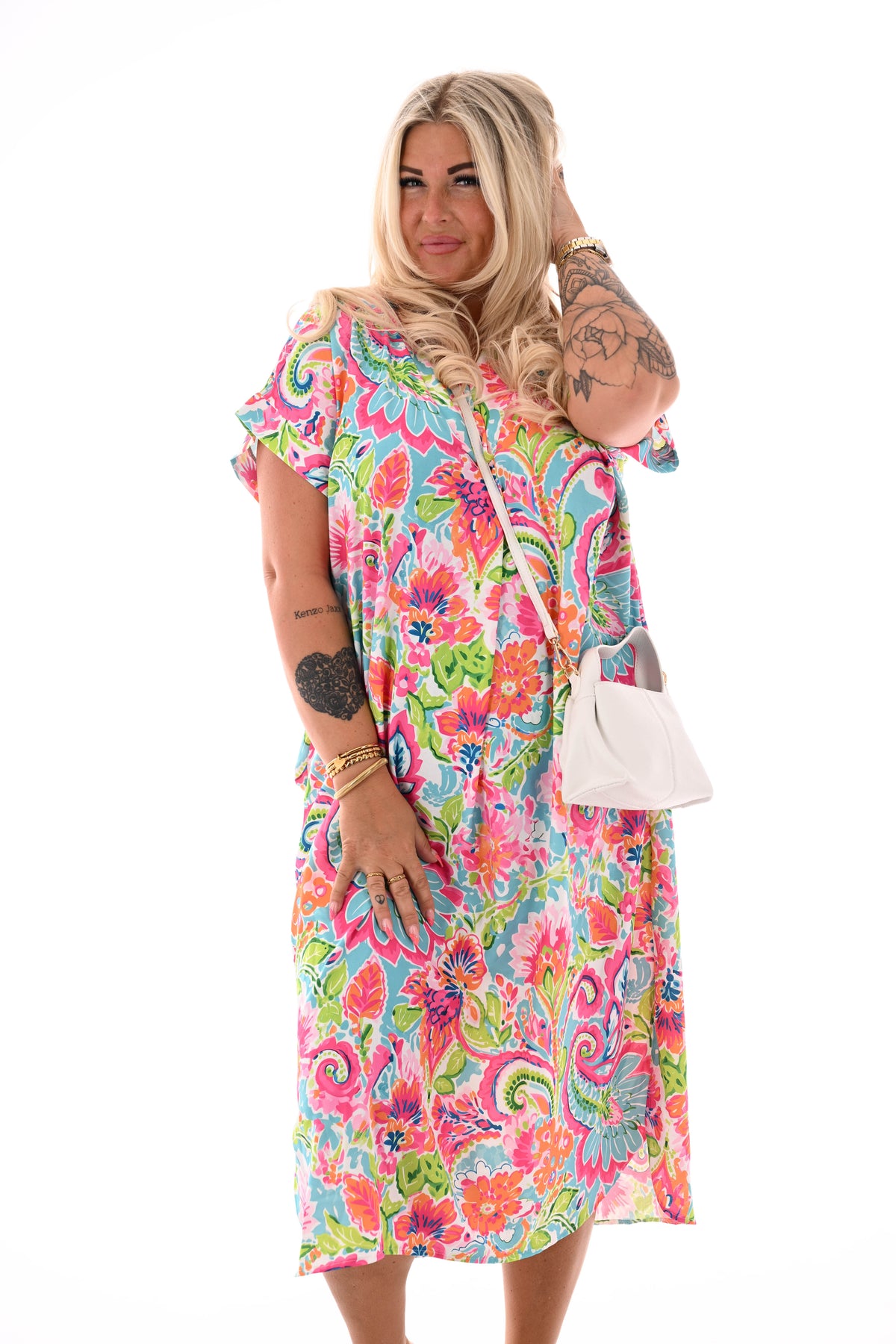 Jurk met zakken print fuchsia/groen
