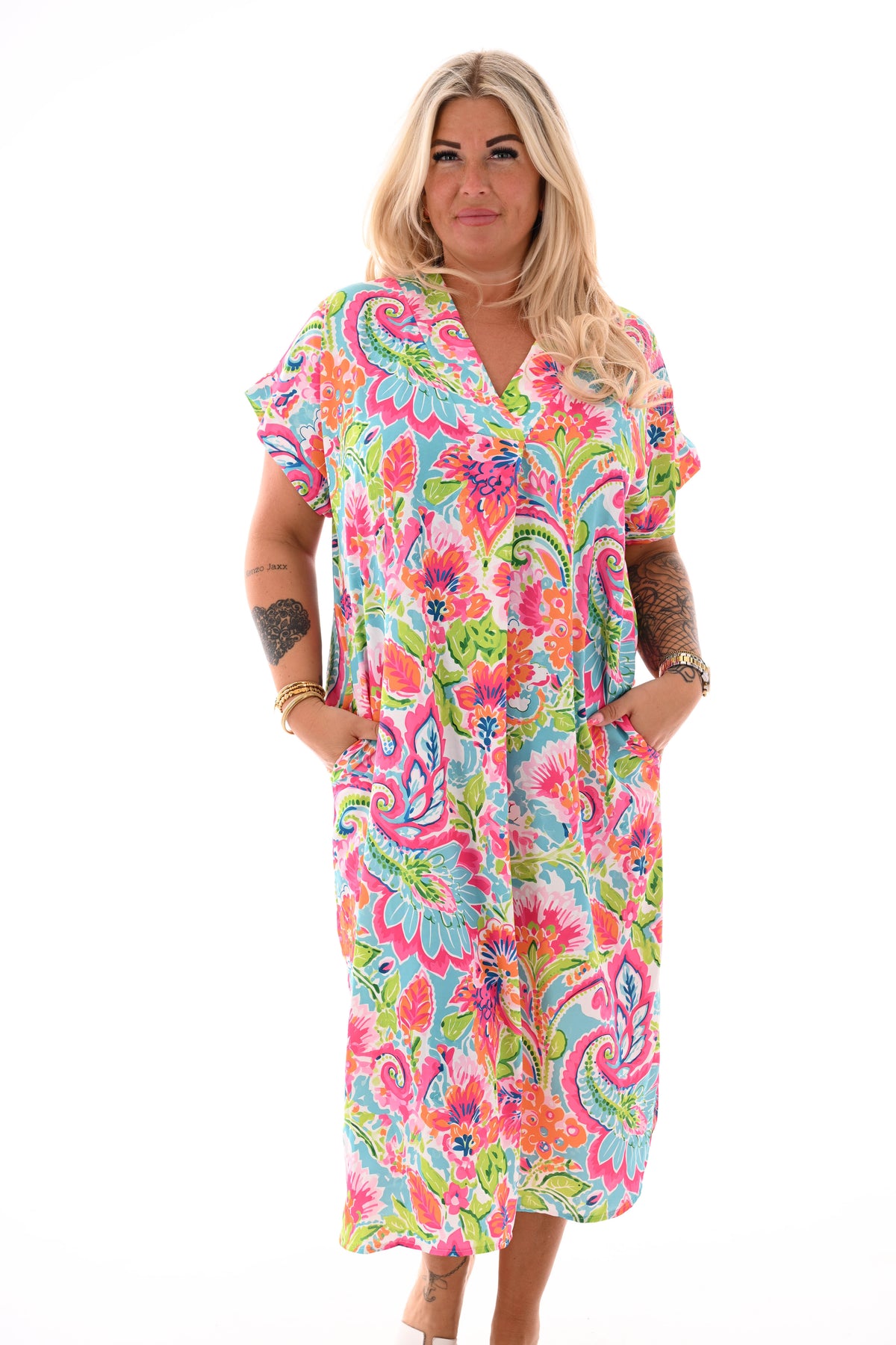 Jurk met zakken print fuchsia/groen