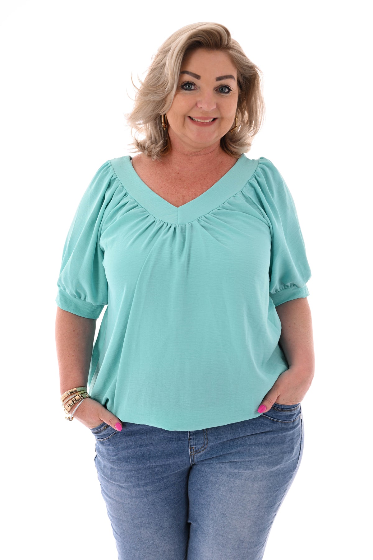Top v-hals met pofmouwen uni turquoise