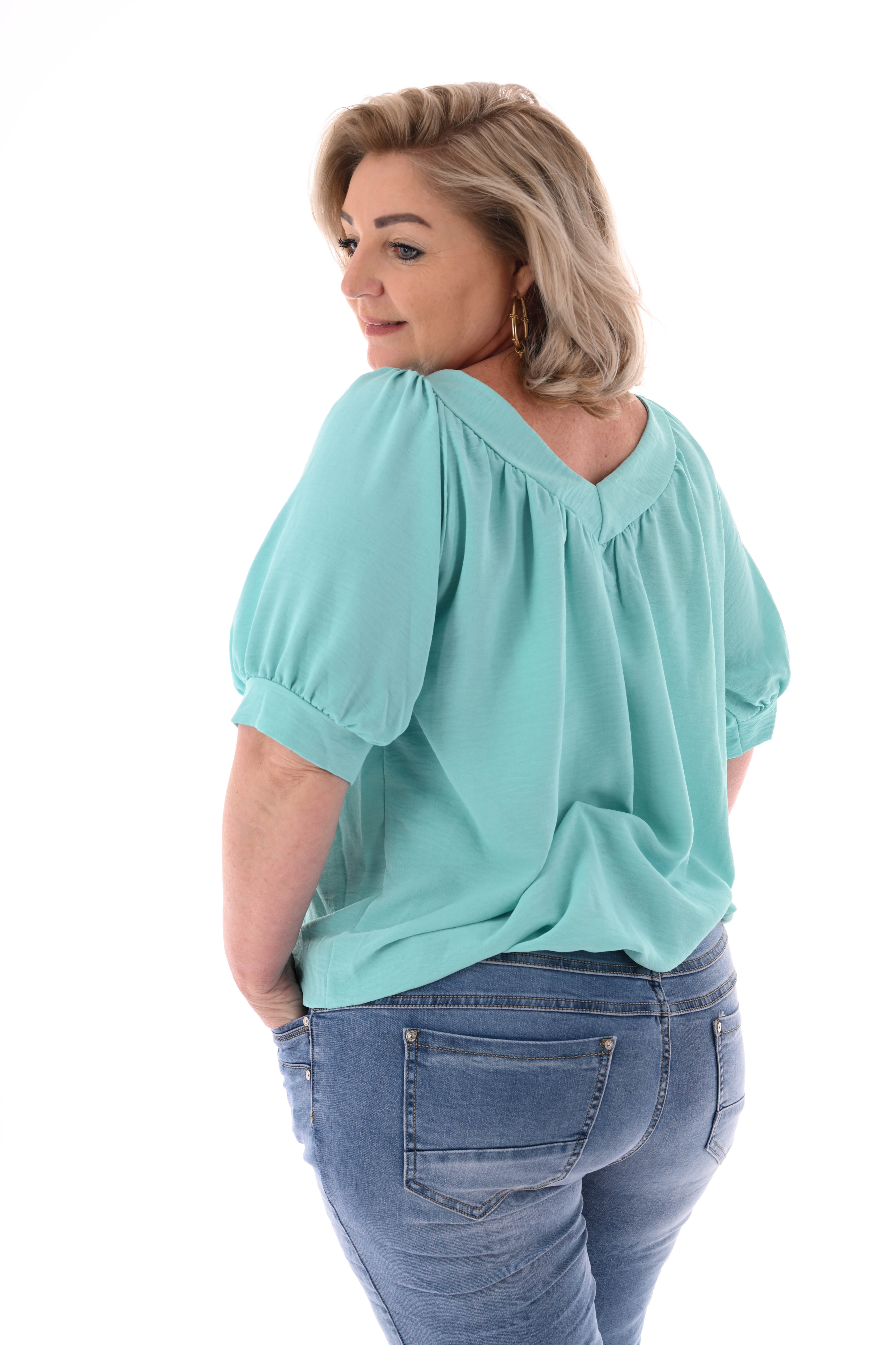 Top v-hals met pofmouwen uni turquoise