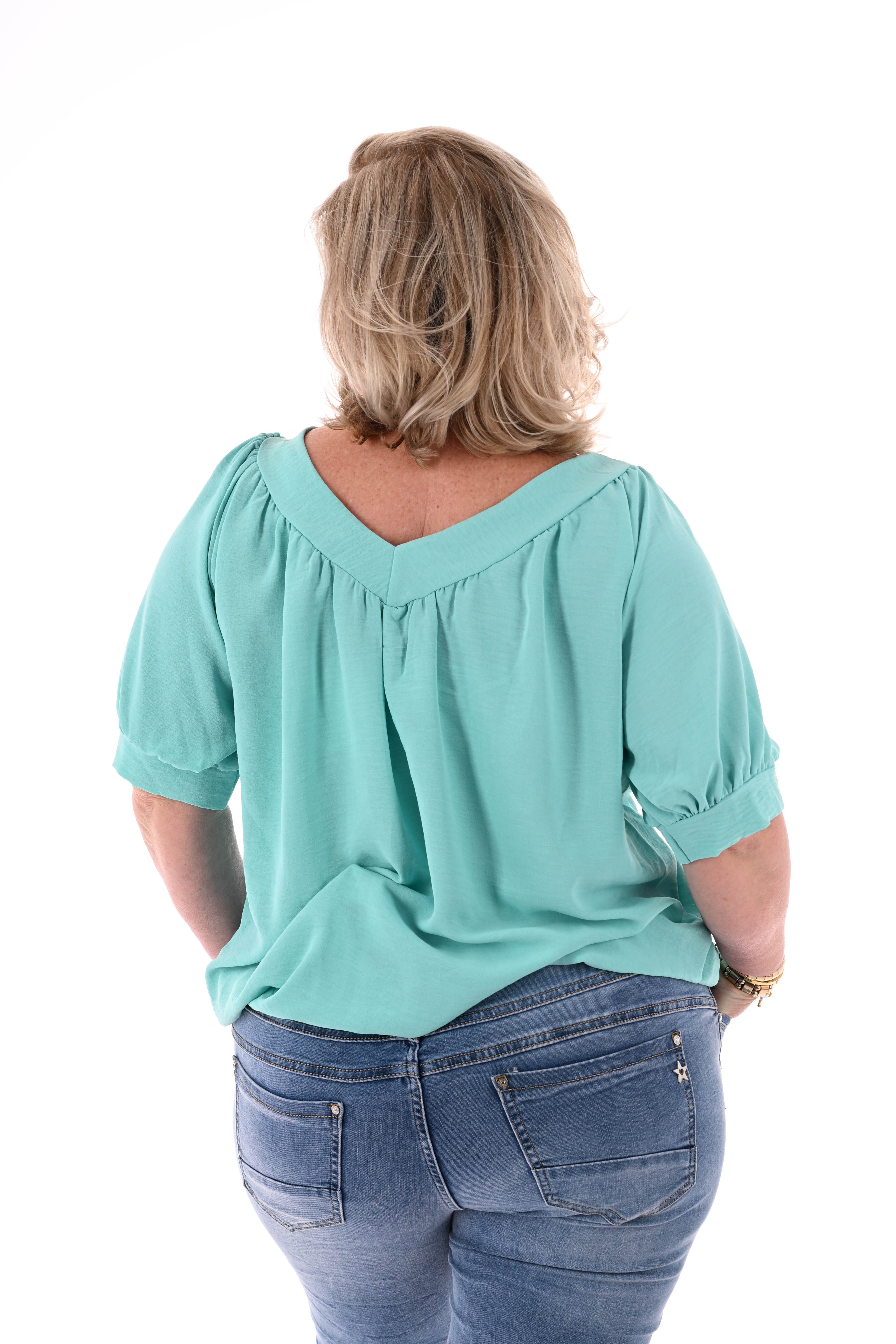 Top v-hals met pofmouwen uni turquoise