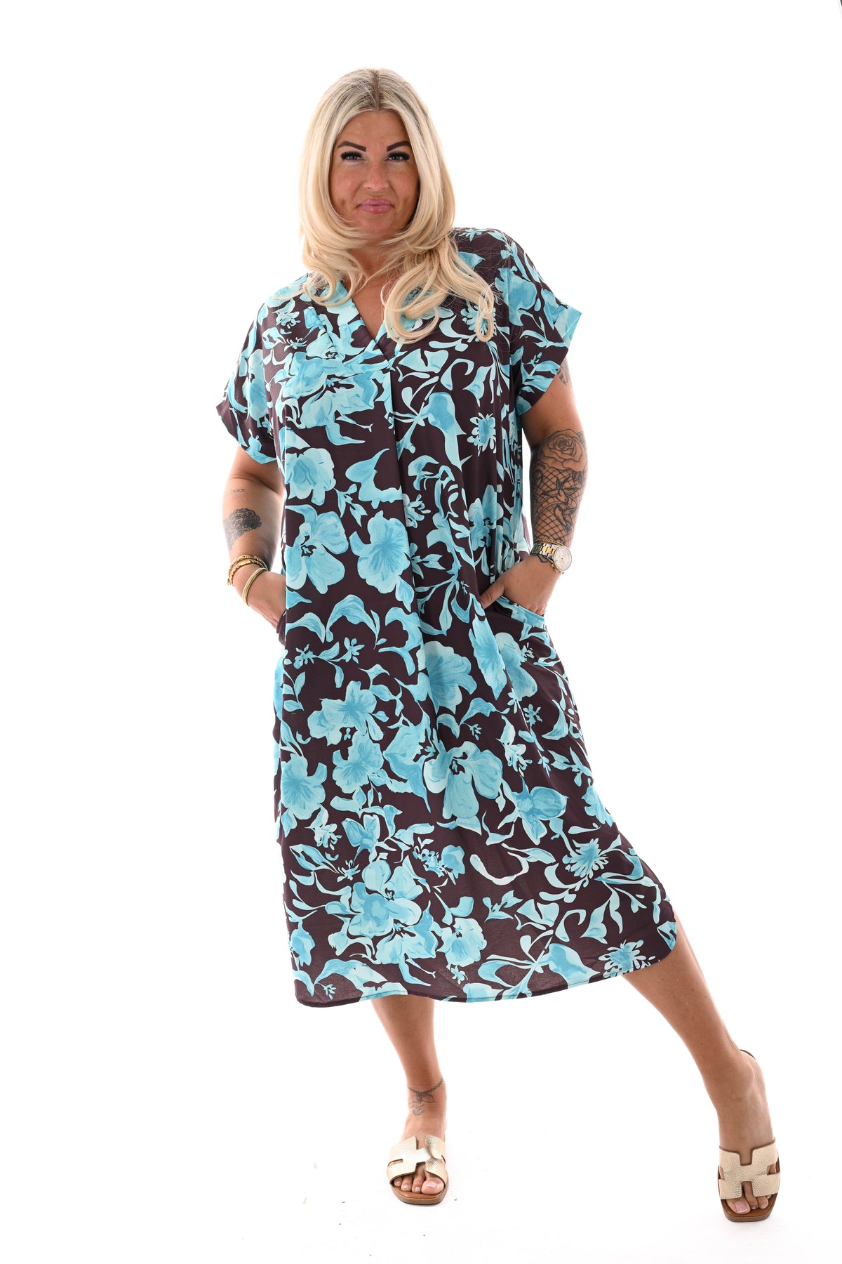 Jurk met zakken print bruin/turquoise