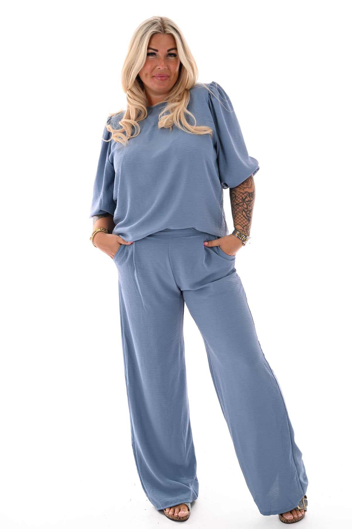 Tweedelig pak 3/4e pofmouwen uni jeansblauw