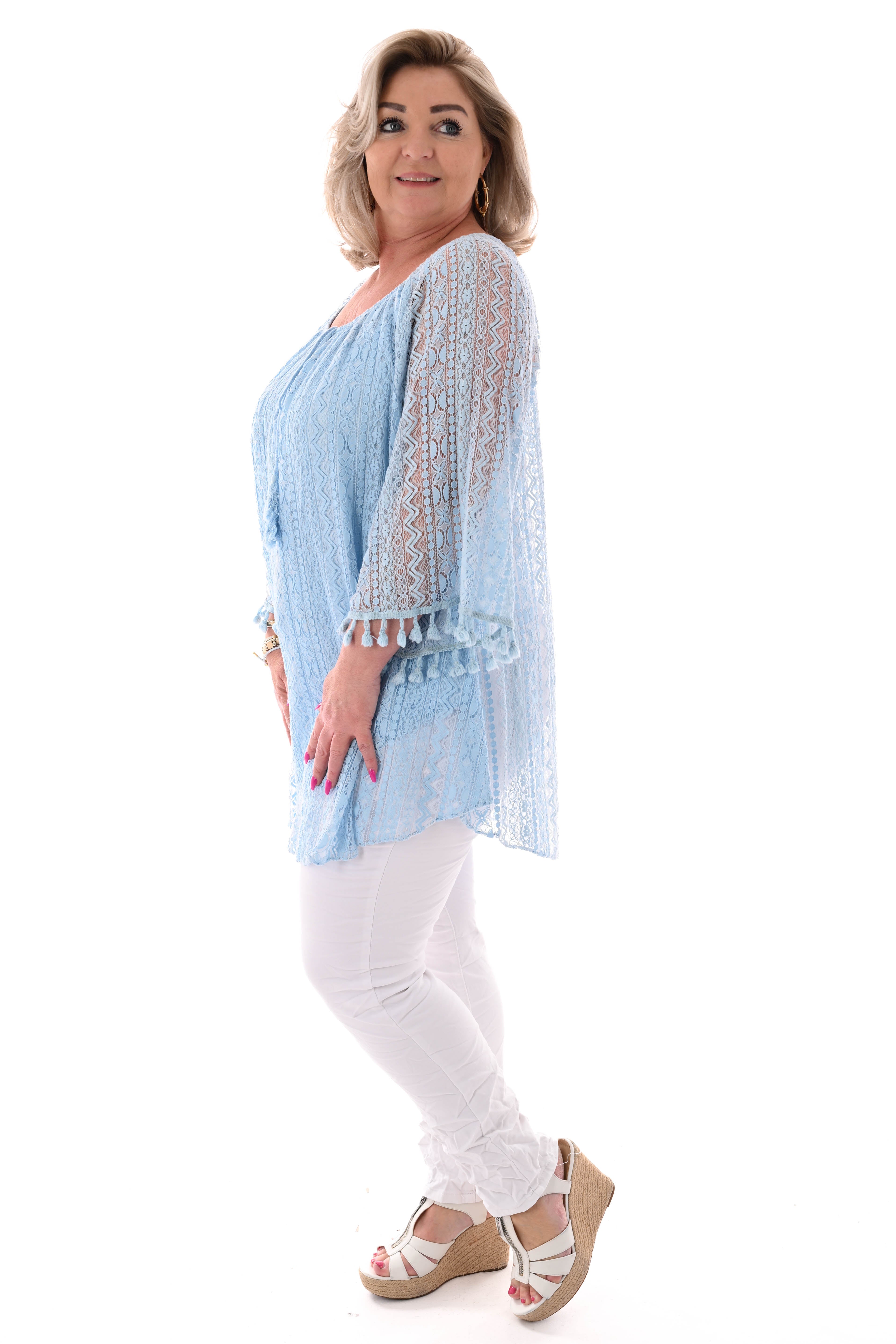 Boho tuniek 3/4e mouwen lichtblauw