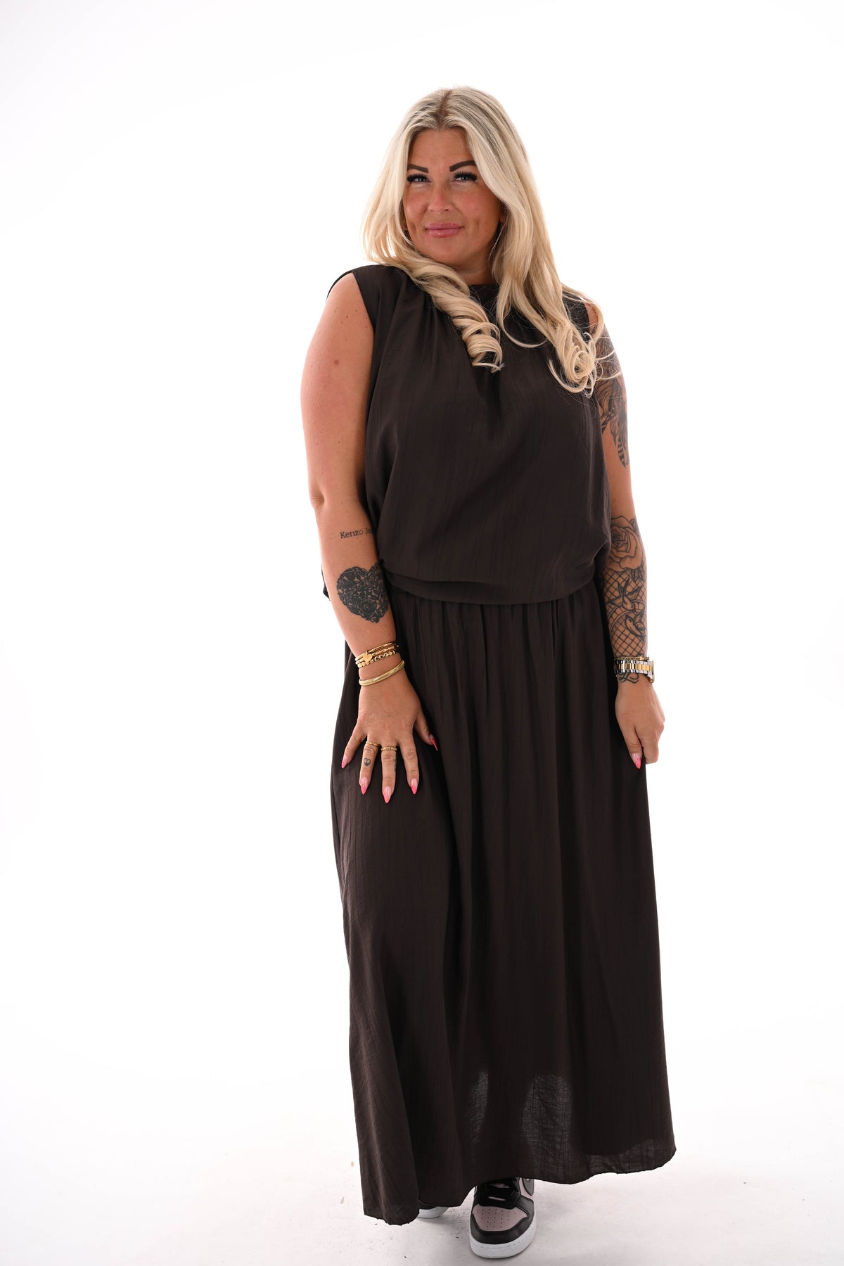 Tweedelig set rok mouwloze top uni donkerbruin