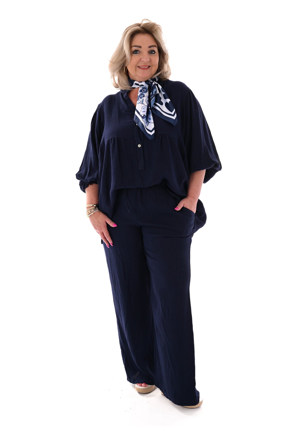 Tweedelig set top 3/4e vleermuismouwen marineblauw