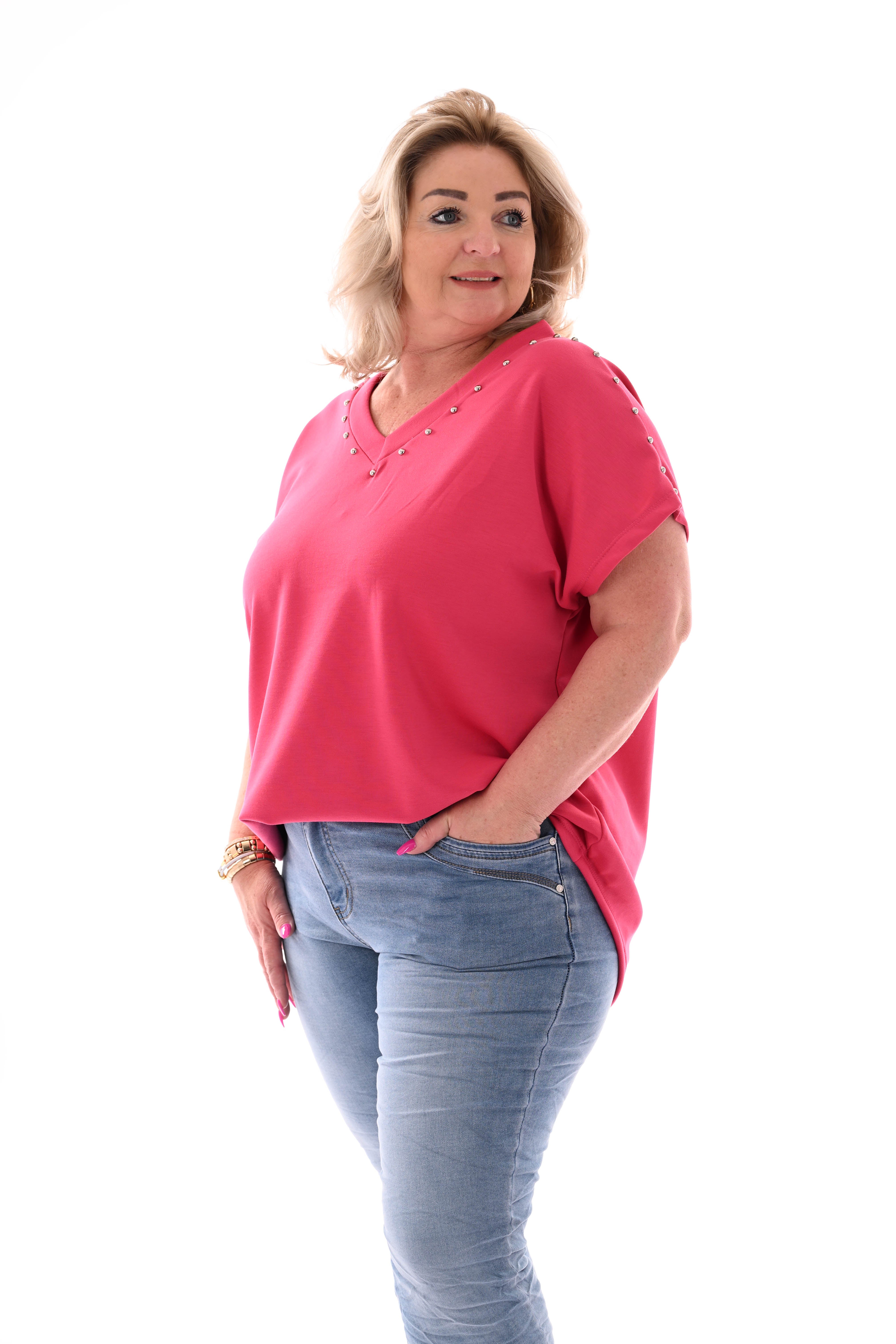 T-shirt v-hals met studs donkerroze
