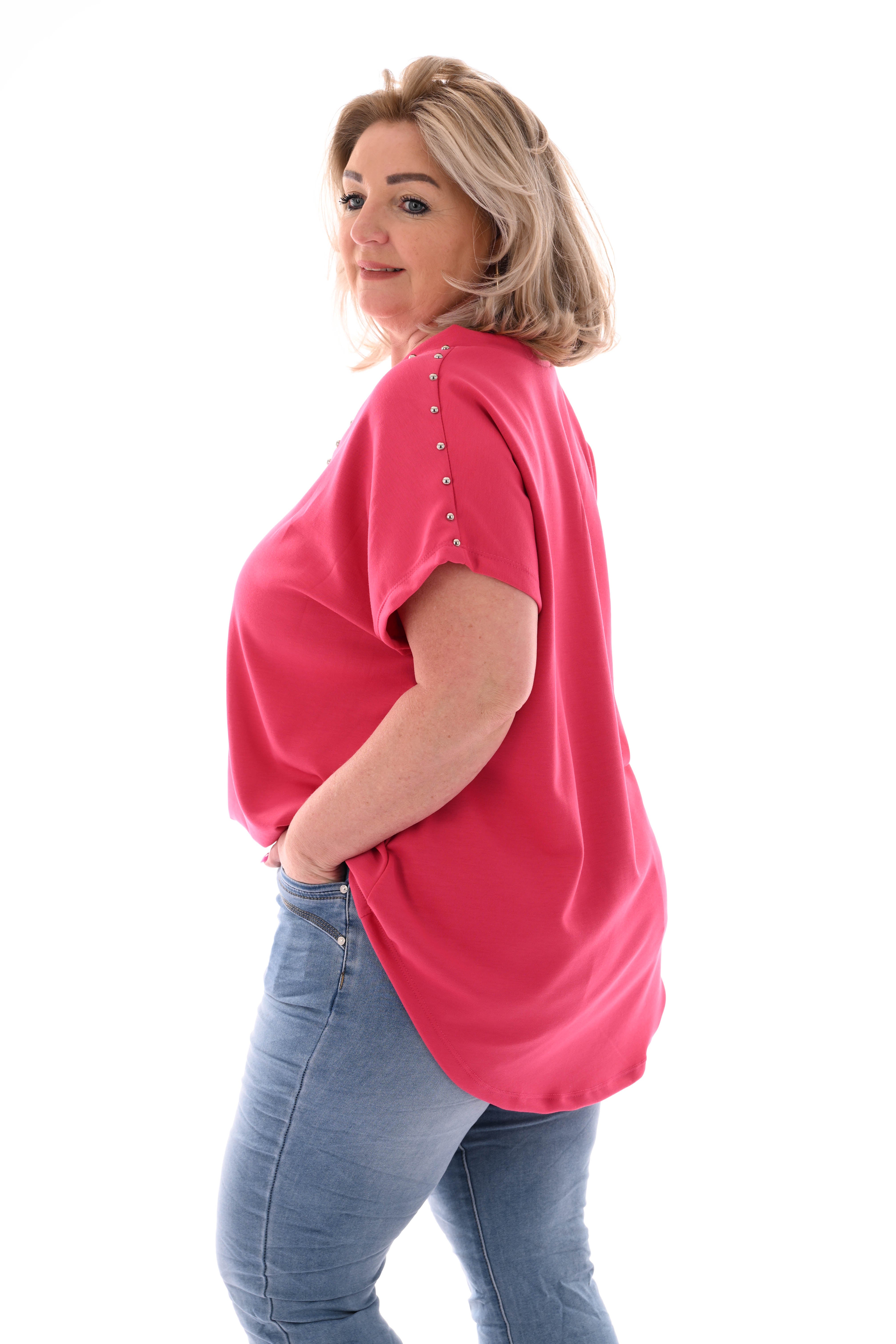 T-shirt v-hals met studs donkerroze