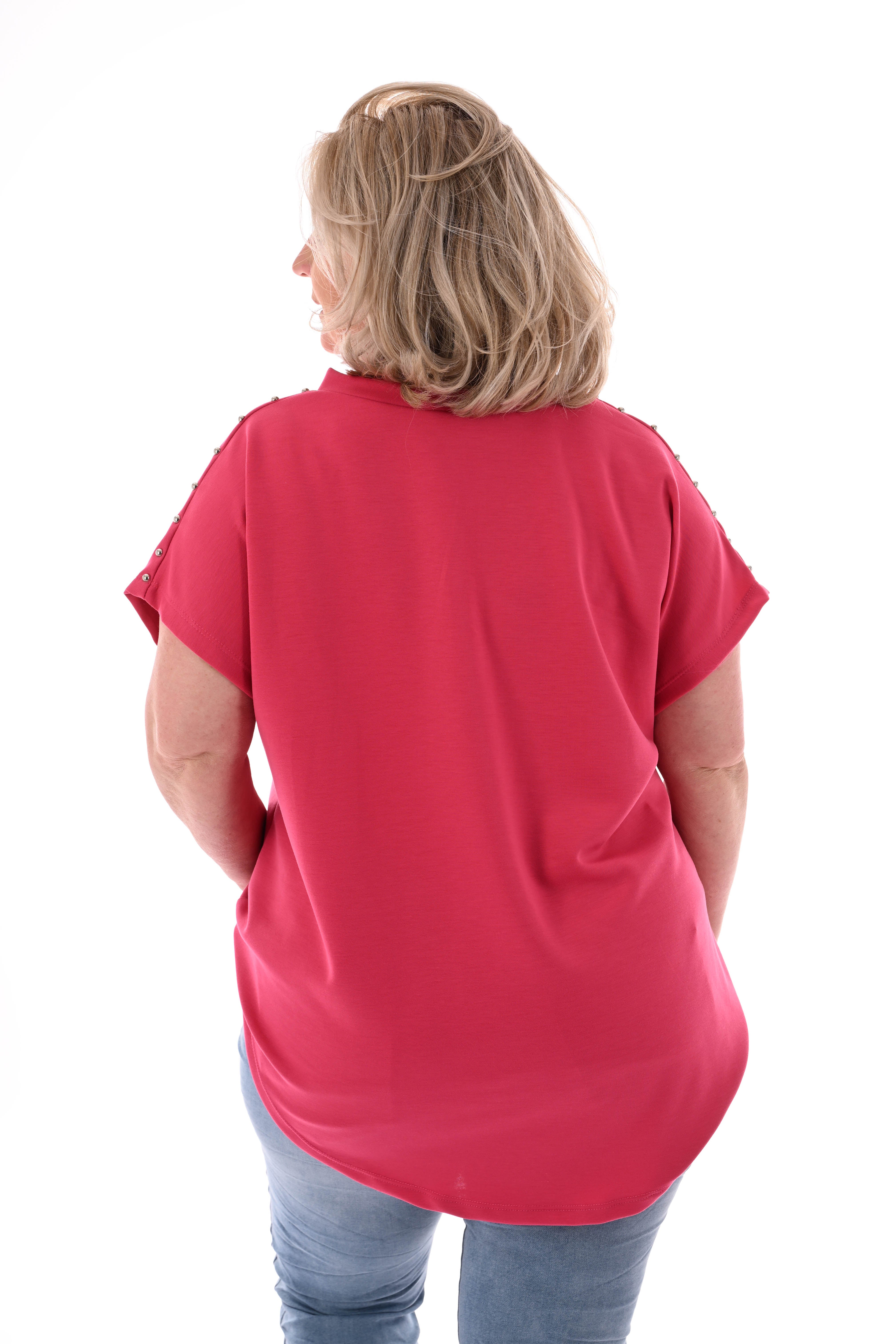 T-shirt v-hals met studs donkerroze