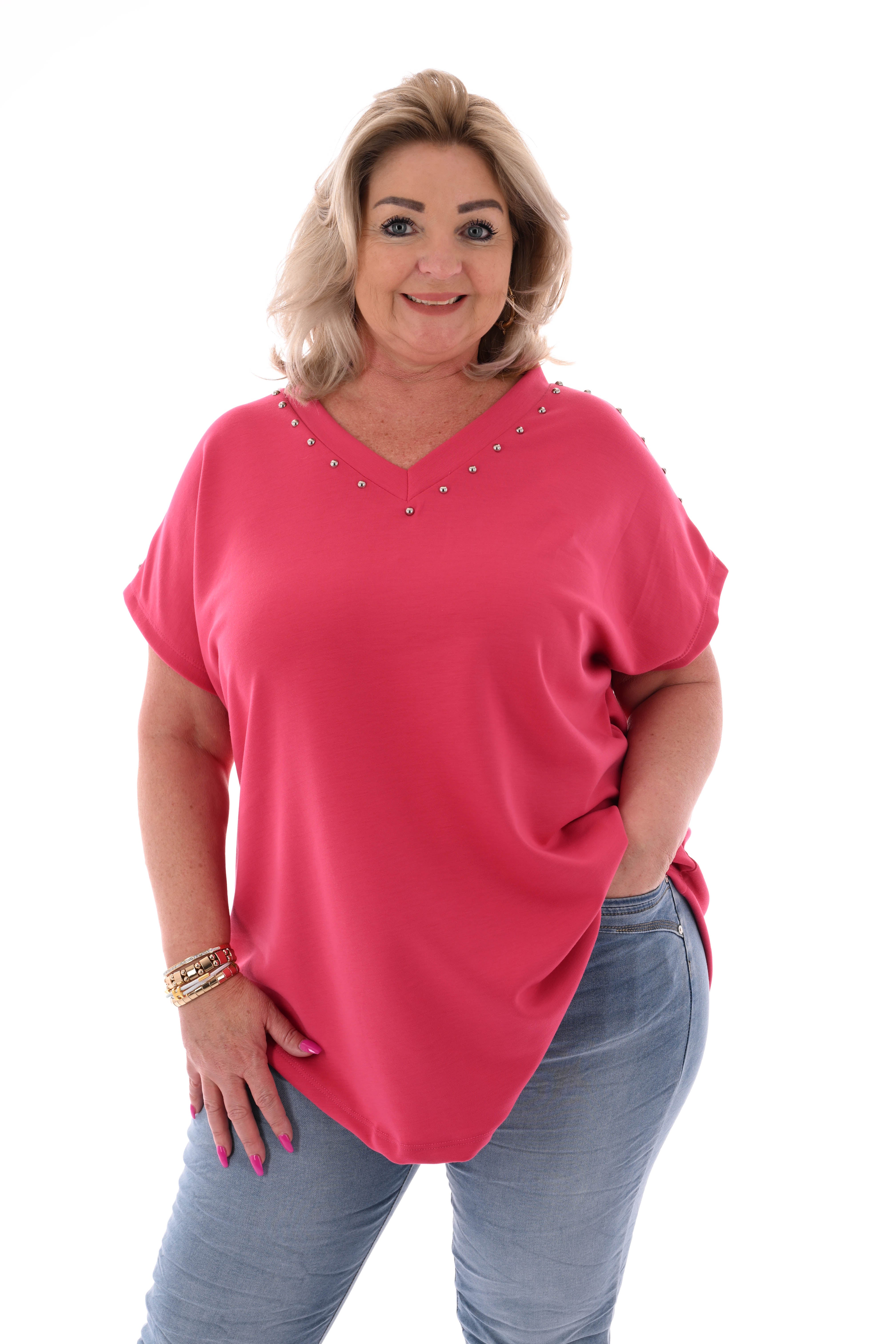 T-shirt v-hals met studs donkerroze