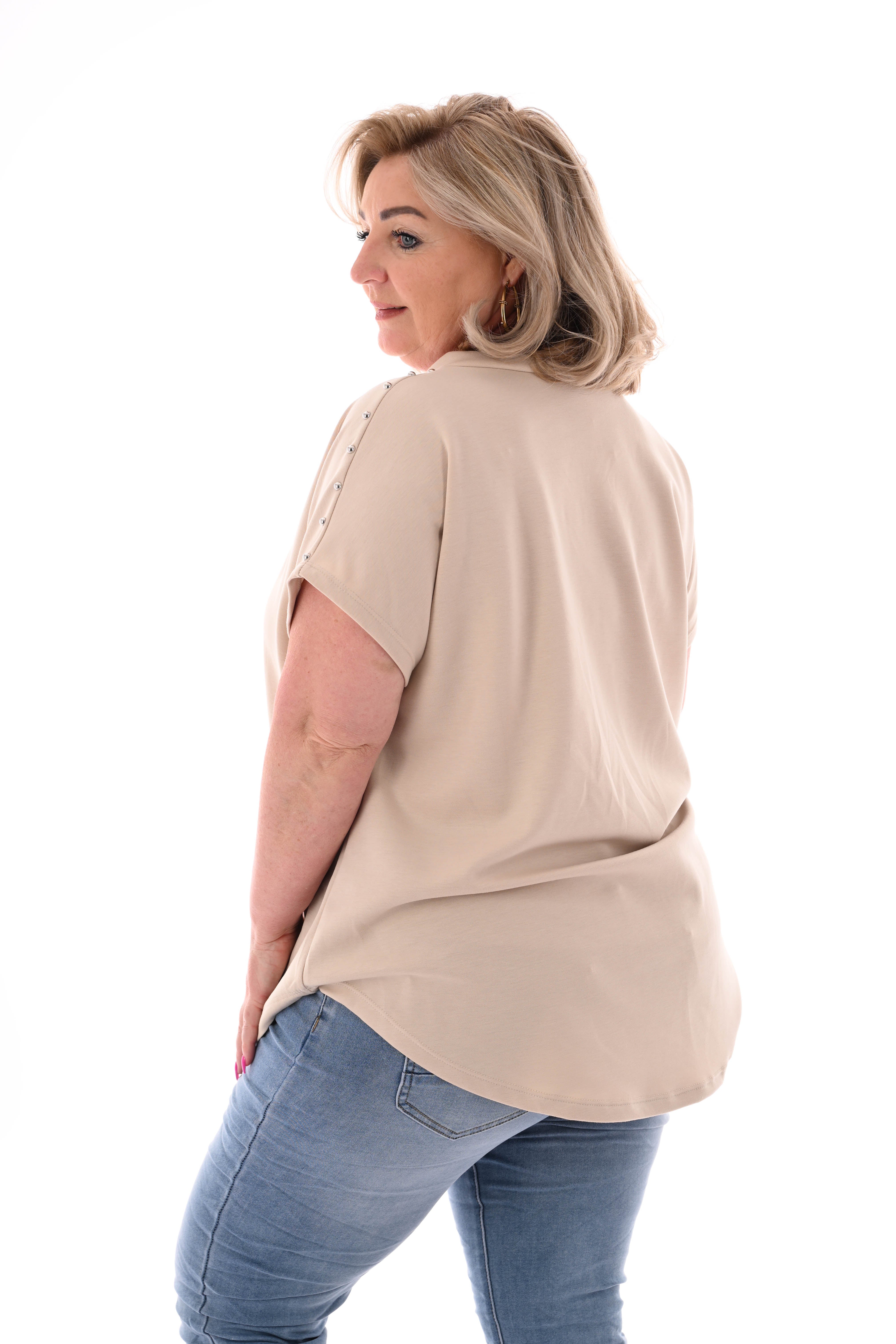 T-shirt v-hals met studs beige