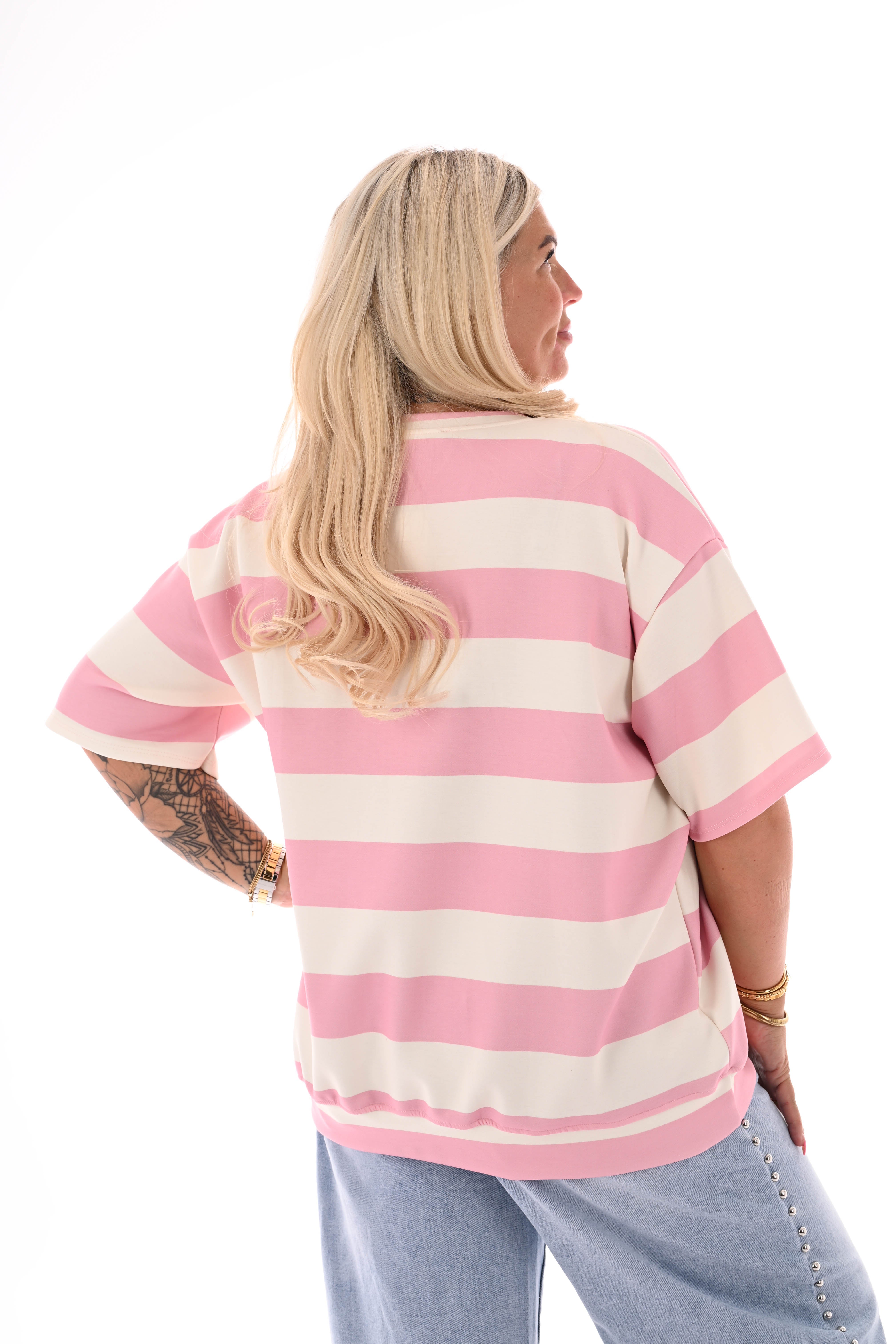 Sweater korte mouwen brede strepen roomwit/lichtroze
