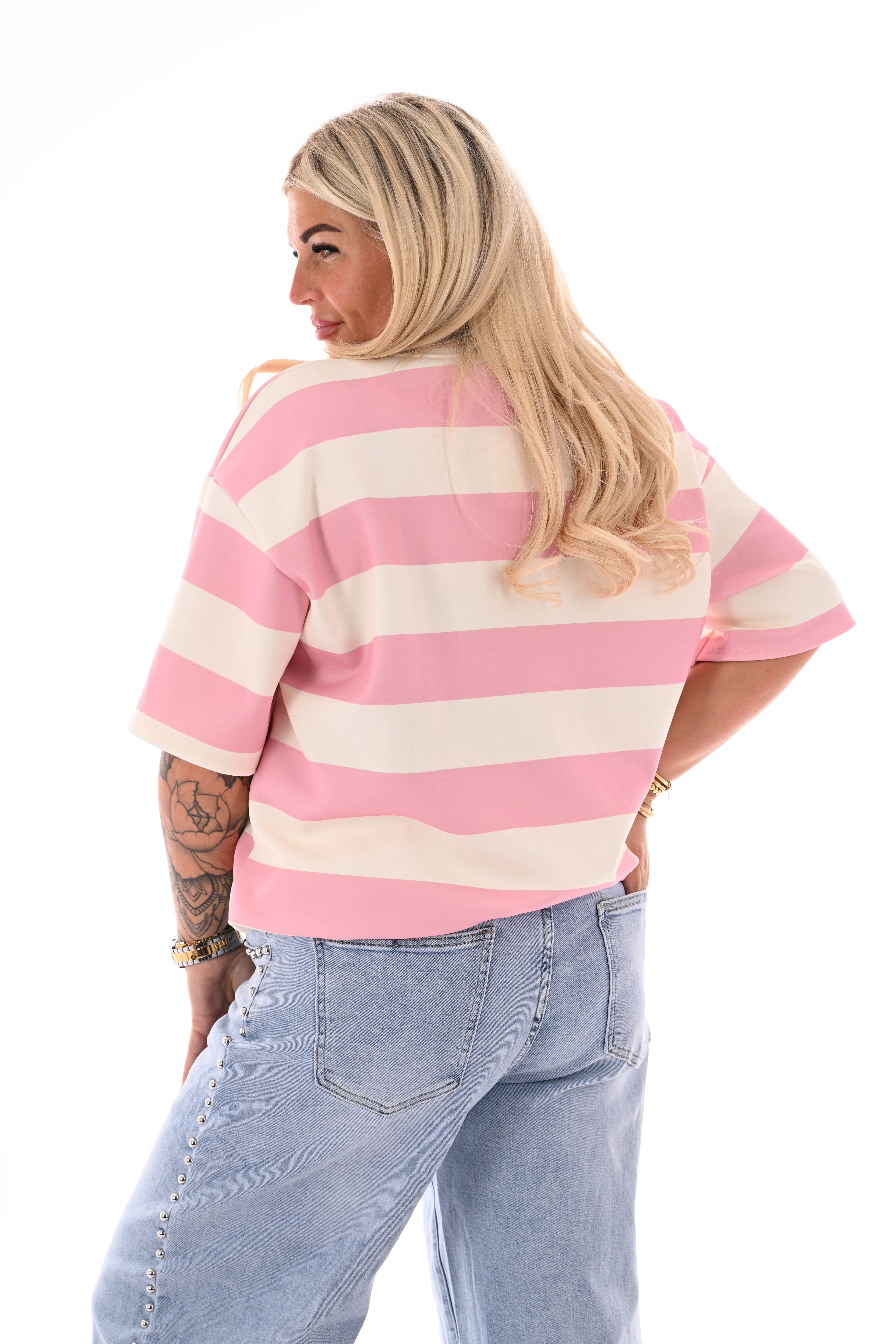 Sweater korte mouwen brede strepen roomwit/lichtroze
