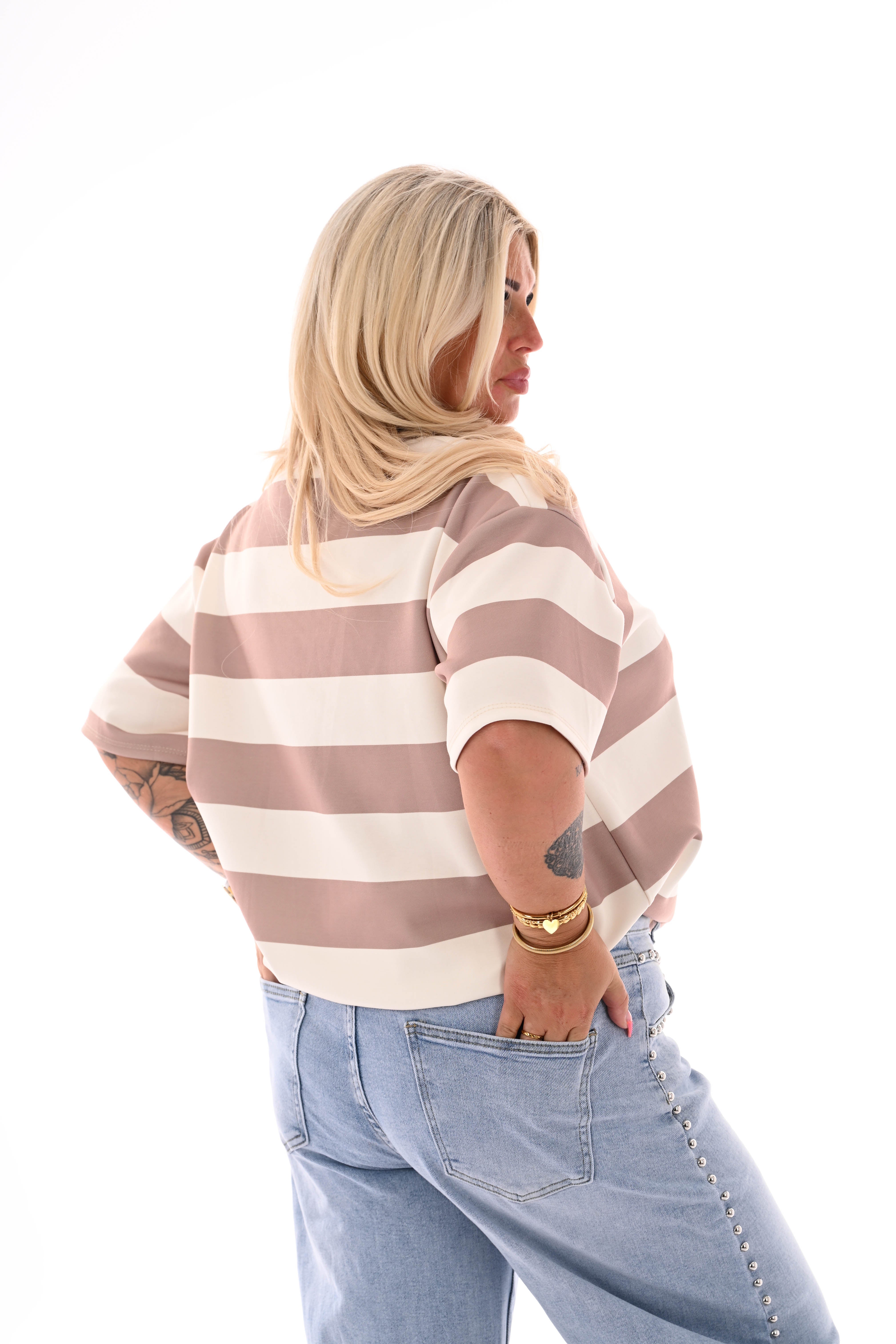 Sweater korte mouwen brede strepen beige/roomwit