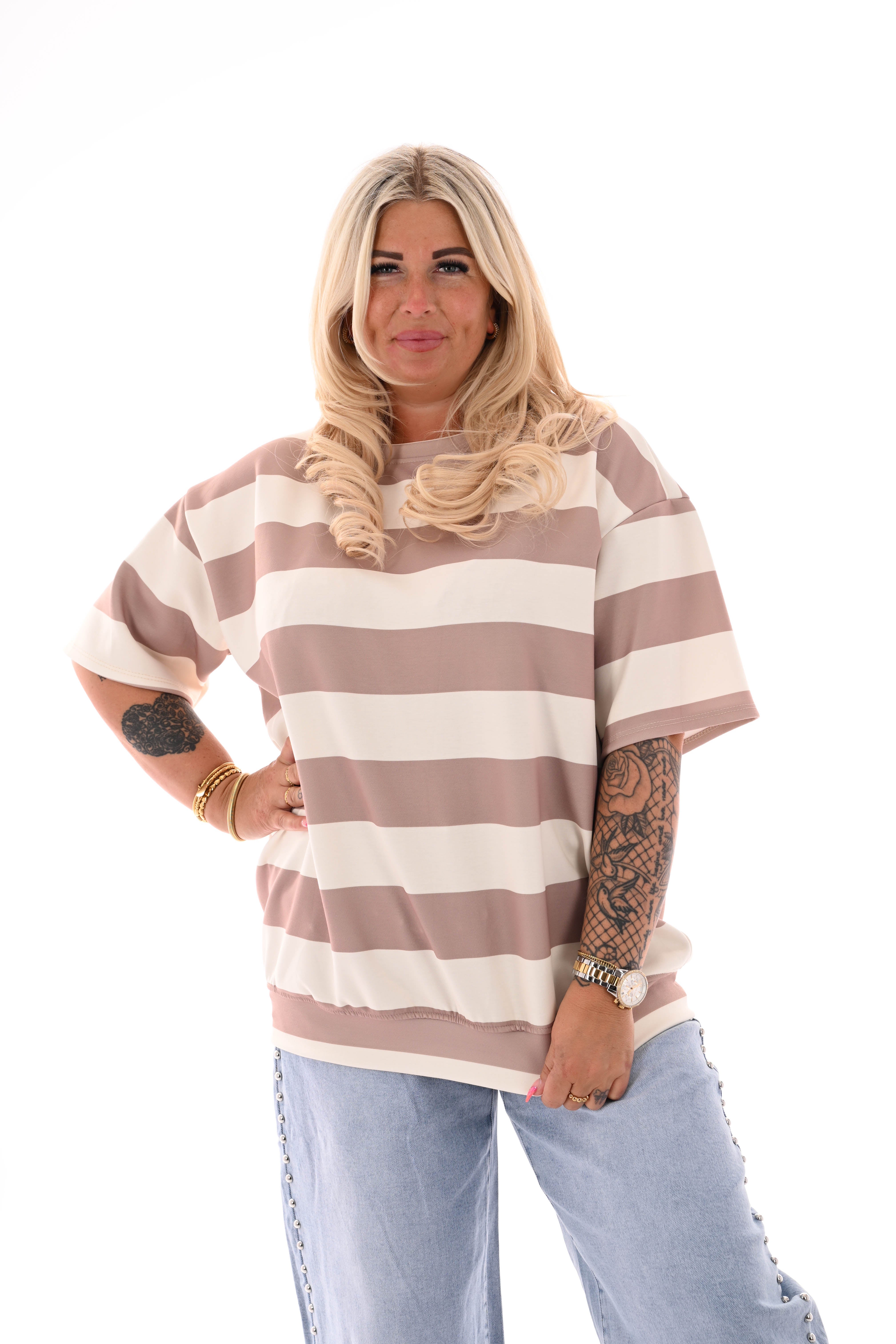 Sweater korte mouwen brede strepen beige/roomwit