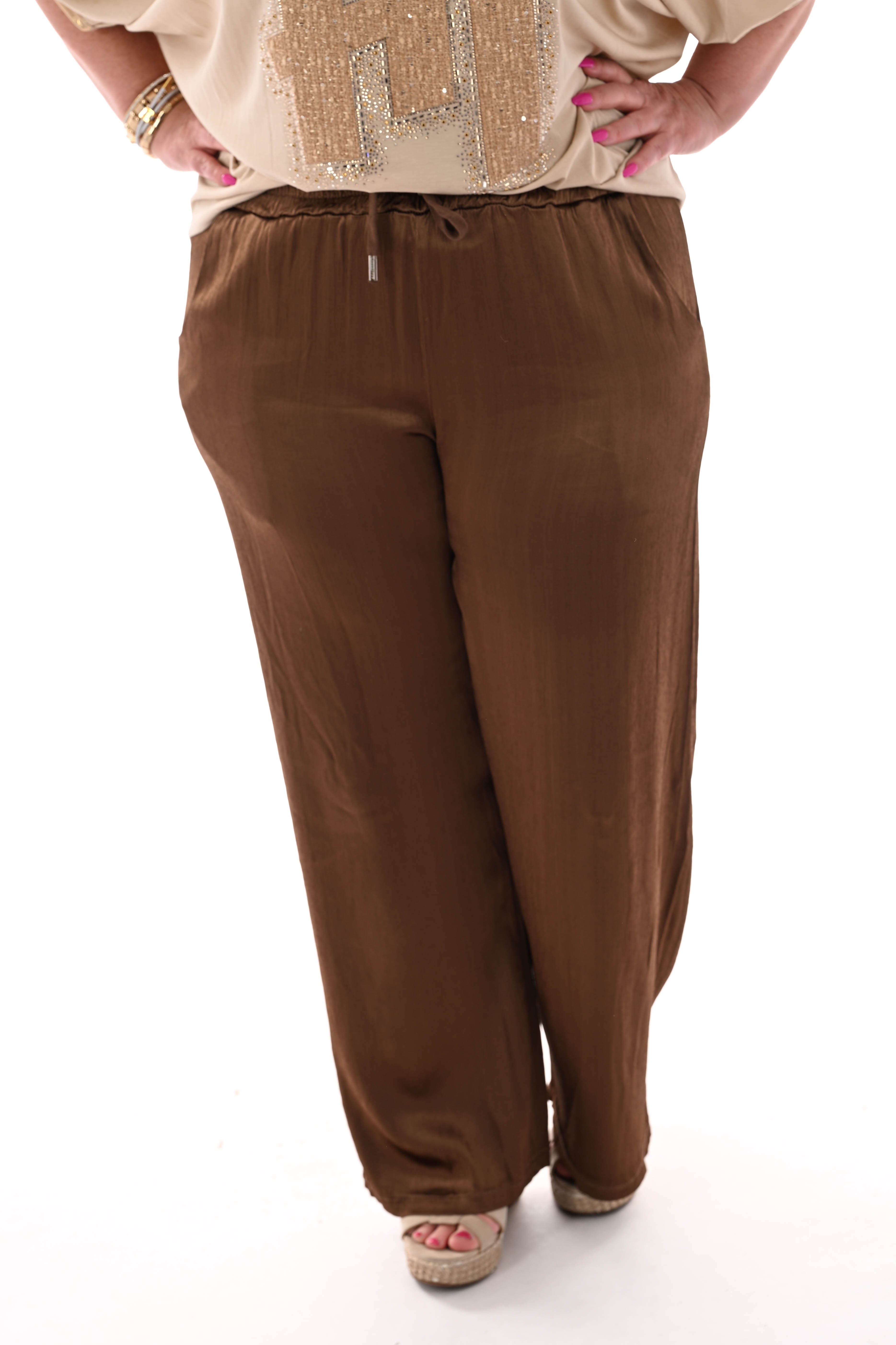 Silky wijde broek met aantrekkoord bruin