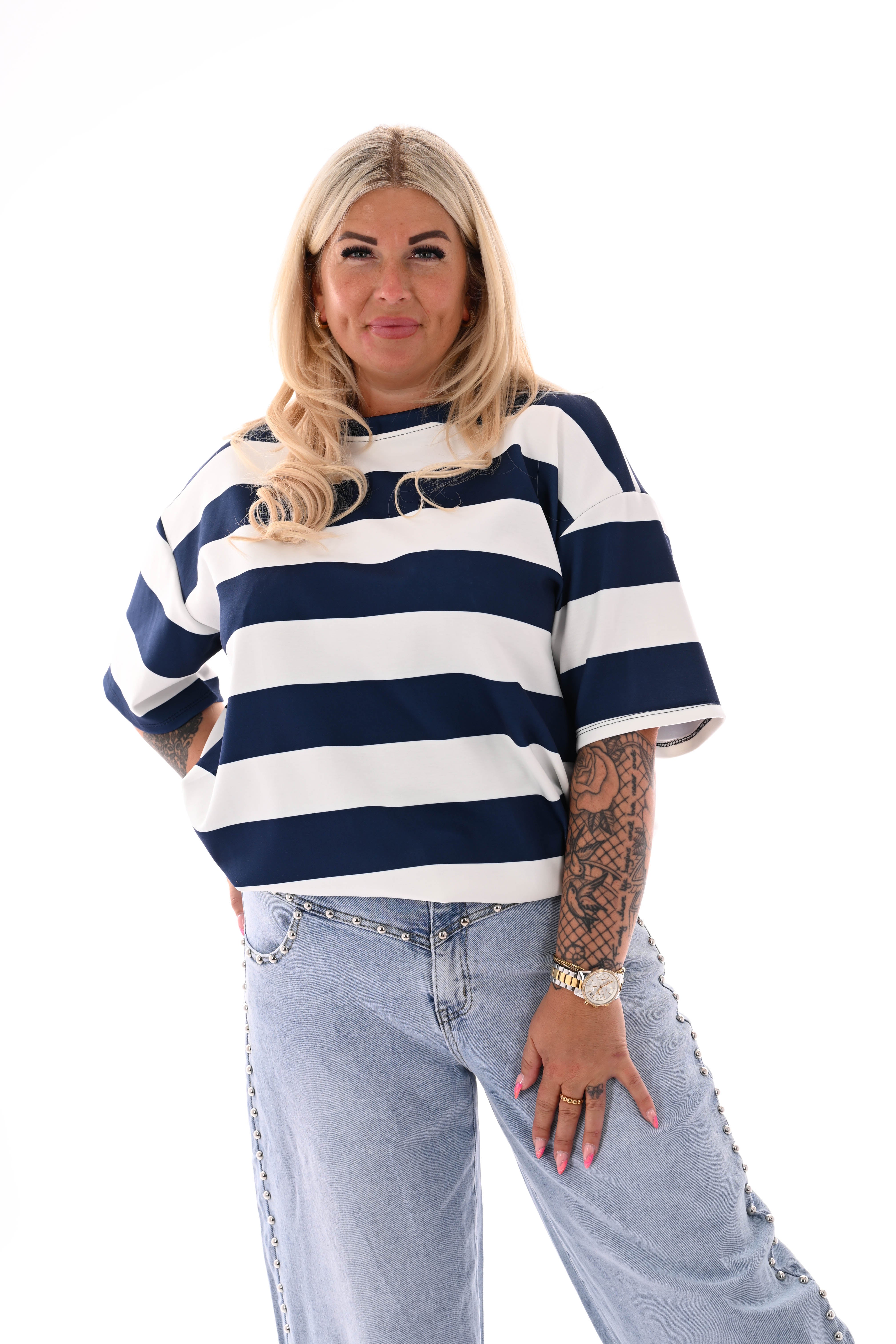 Sweater korte mouwen brede strepen roomwit/marineblauw