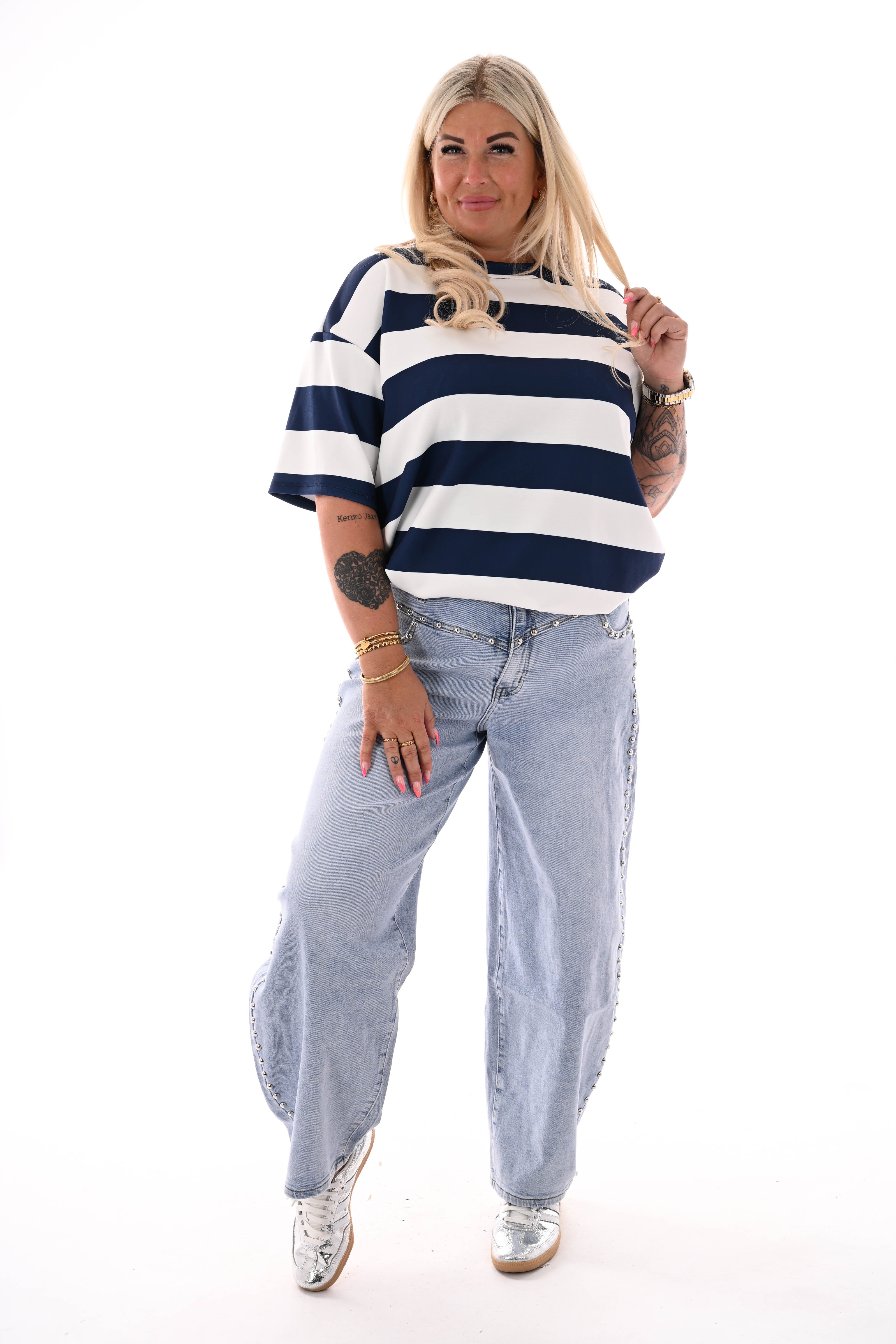 Sweater korte mouwen brede strepen roomwit/marineblauw