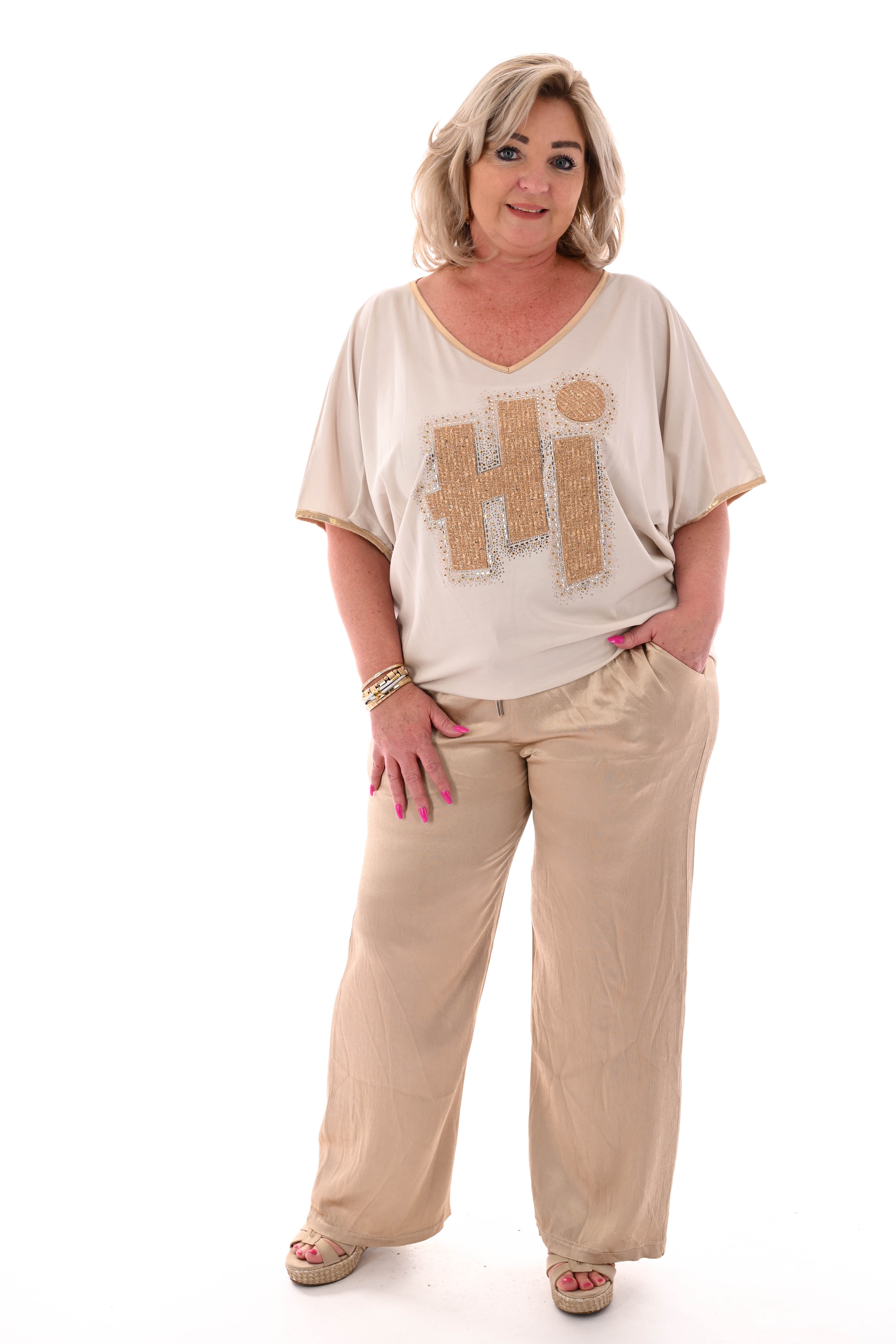 Silky wijde broek met aantrekkoord  goud