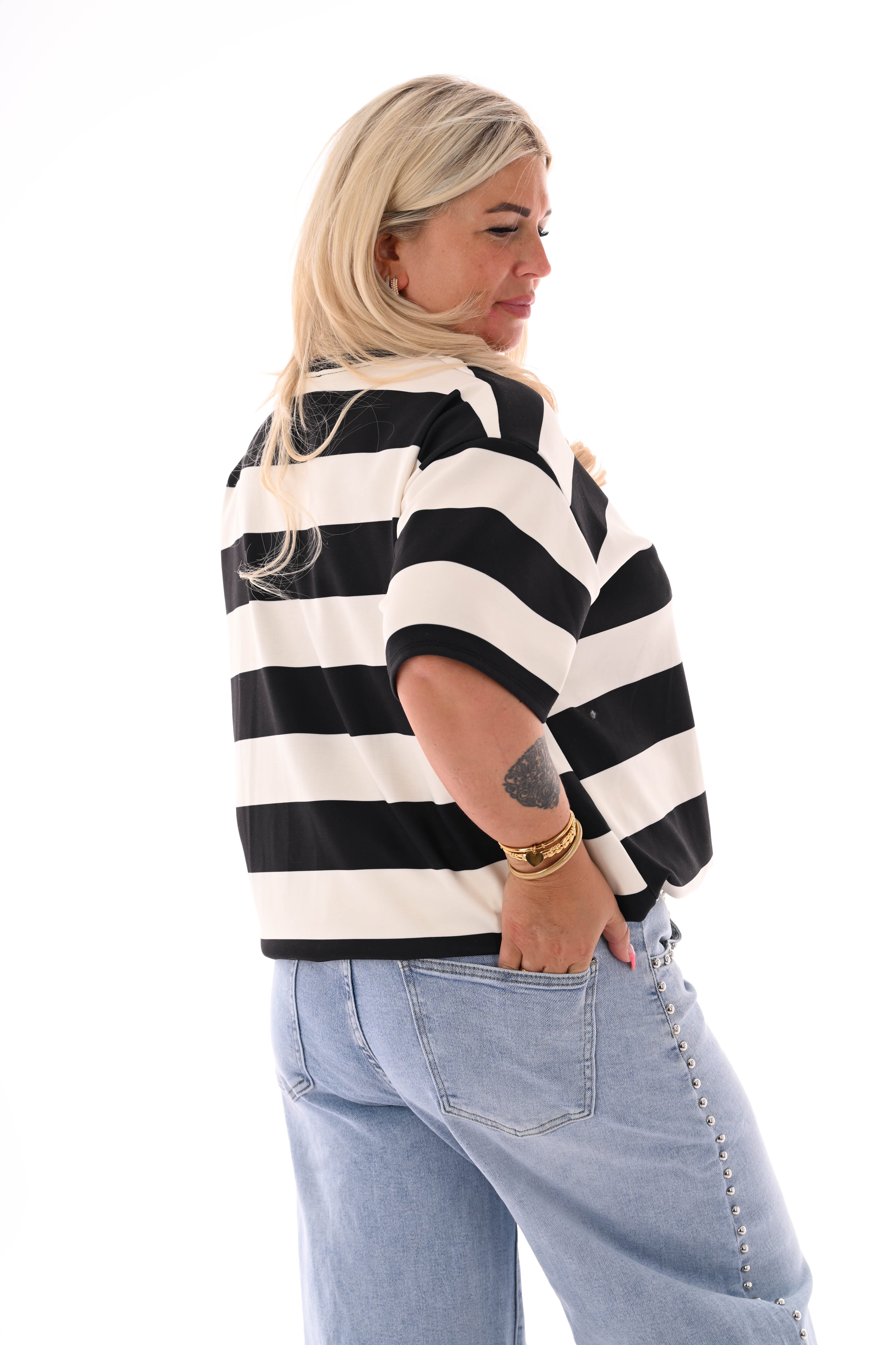 Sweater korte mouwen brede strepen zwart/creme
